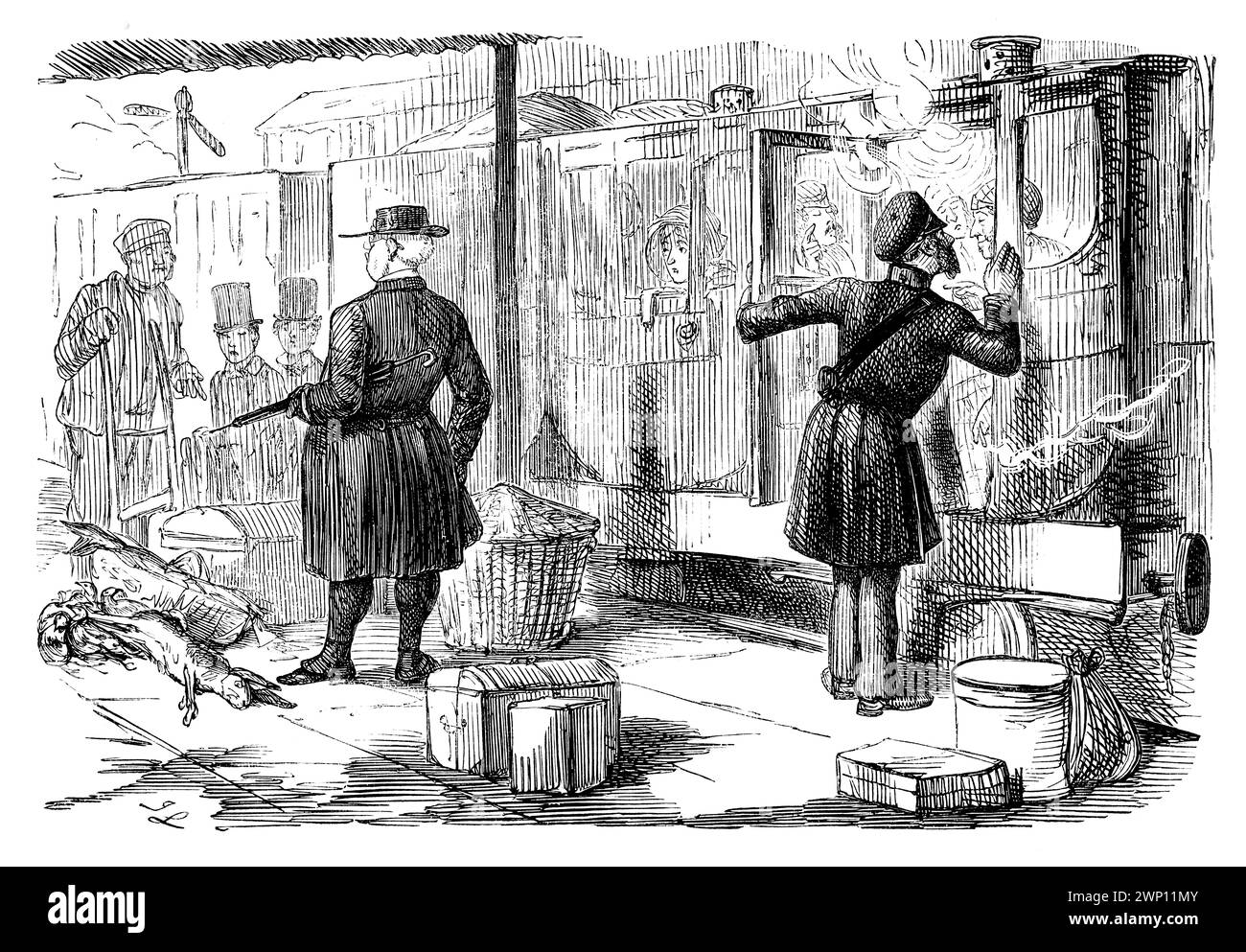 Viaggio in treno, Guard Discovering Carriage pieno di fumo, dal chierico che fuma, cartone animato di John Leech da 1852 Punch Magazine Foto Stock