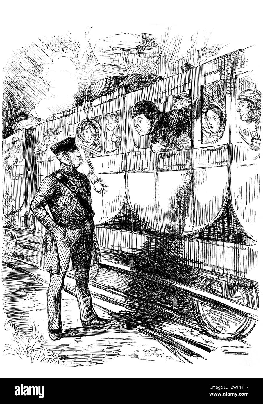 Fusione ferroviaria, uno stato piacevole delle cose, cartoni animati sui viaggi in treno, da 1852 Punch Magazine Foto Stock