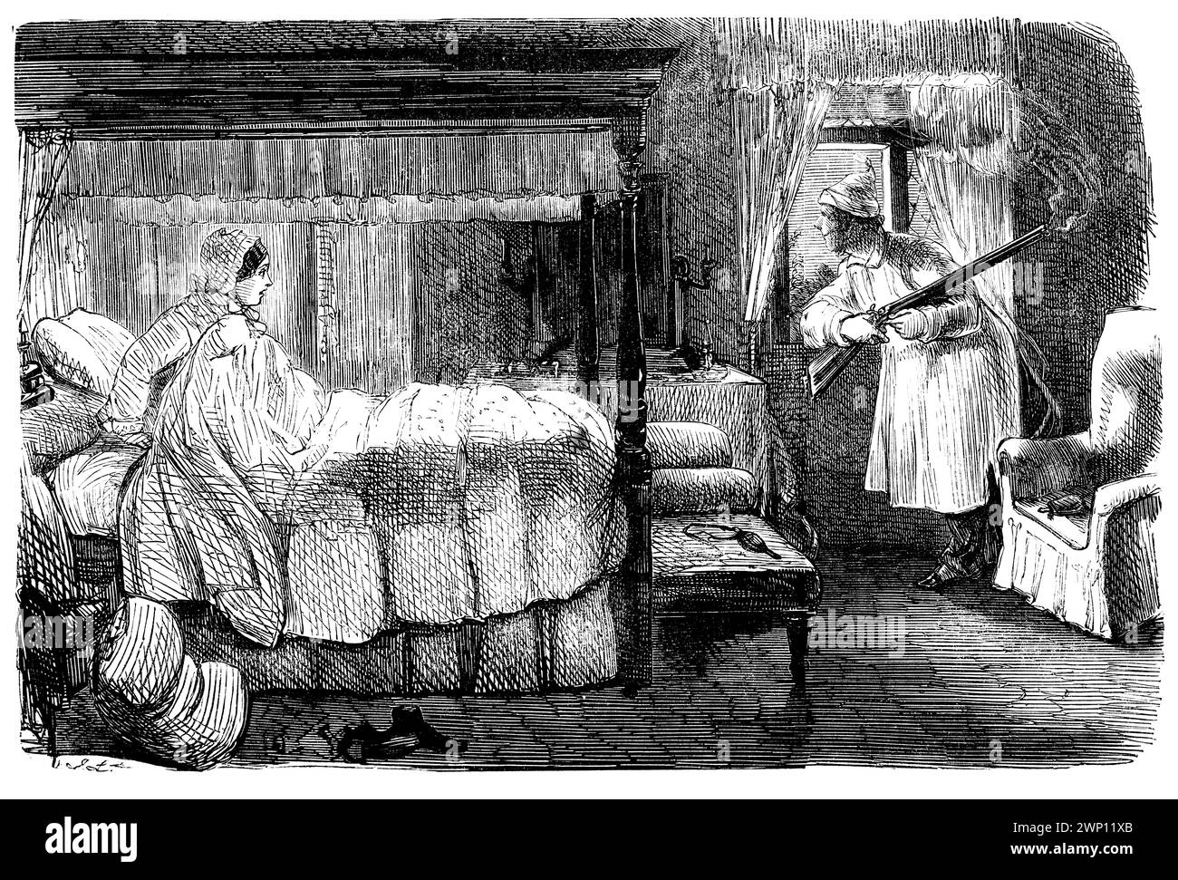Domestic Bliss, cartoni animati sull'uomo con fucile da tiro conigli dalla finestra della camera da letto, da 1852 Punch Magazine Foto Stock