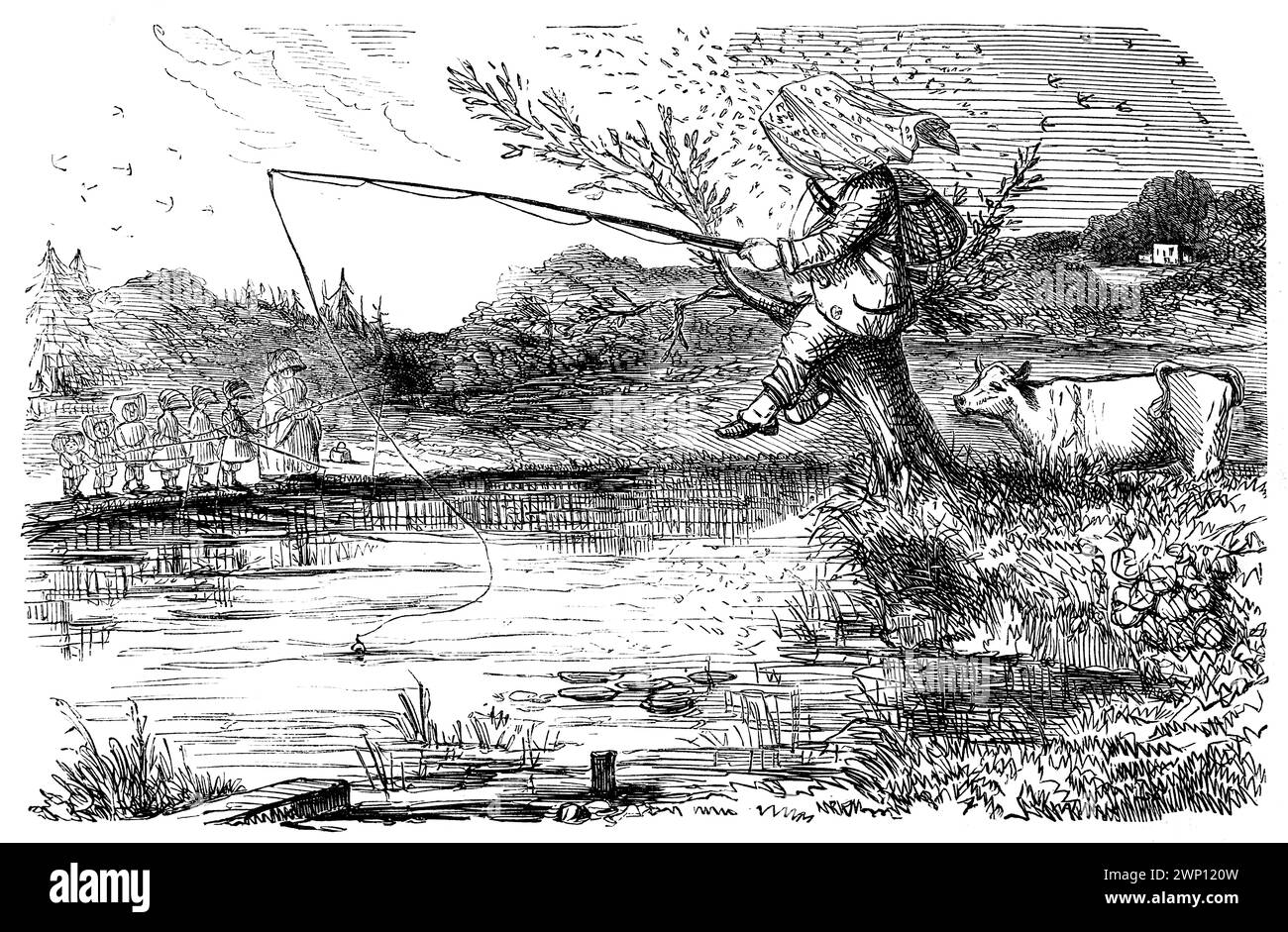 Cartone animato che mostra il pescatore afflitto da vespe, da 1852 Punch Magazine questo posto non sarebbe male se il pesce fosse solo morso e non fosse per le vespe Foto Stock