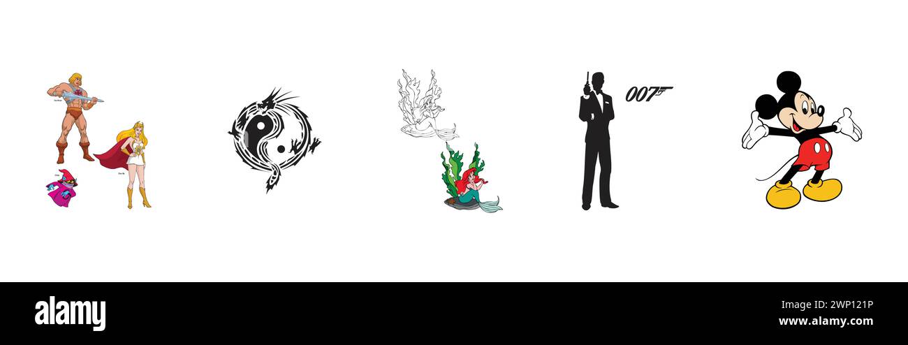 Topolino, la sirenetta - Ariel, James Bond 007, drago yin yang, He-Man & She-Ra. La collezione di loghi artistici e di design più popolare. Illustrazione Vettoriale