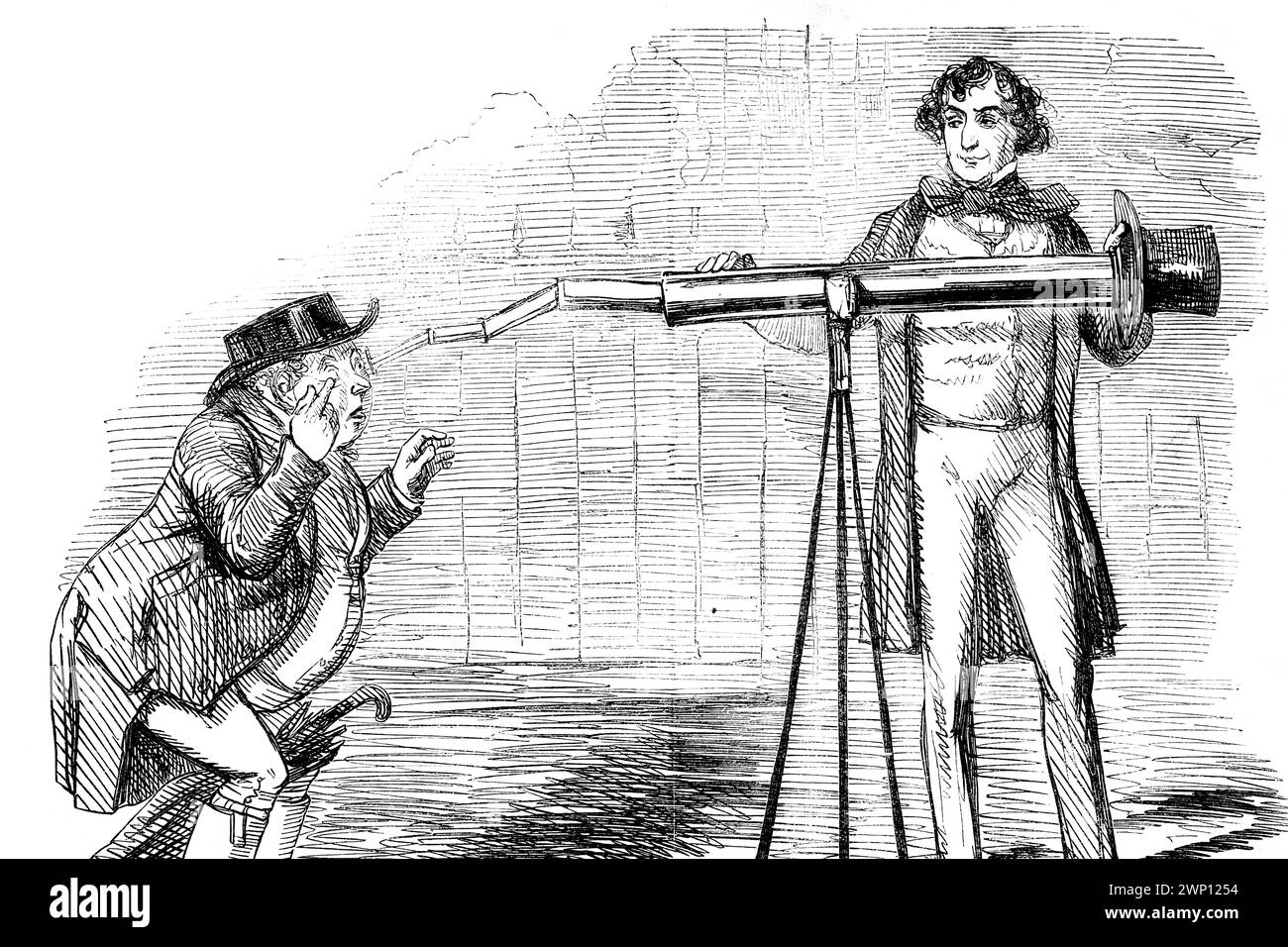 Qualcosa incombe nel futuro, cartone animato di John Bull che guarda attraverso un telescopio storto, con lente oscurata dal Cancelliere dello Scacchiere dal 1852 Punch M. Foto Stock