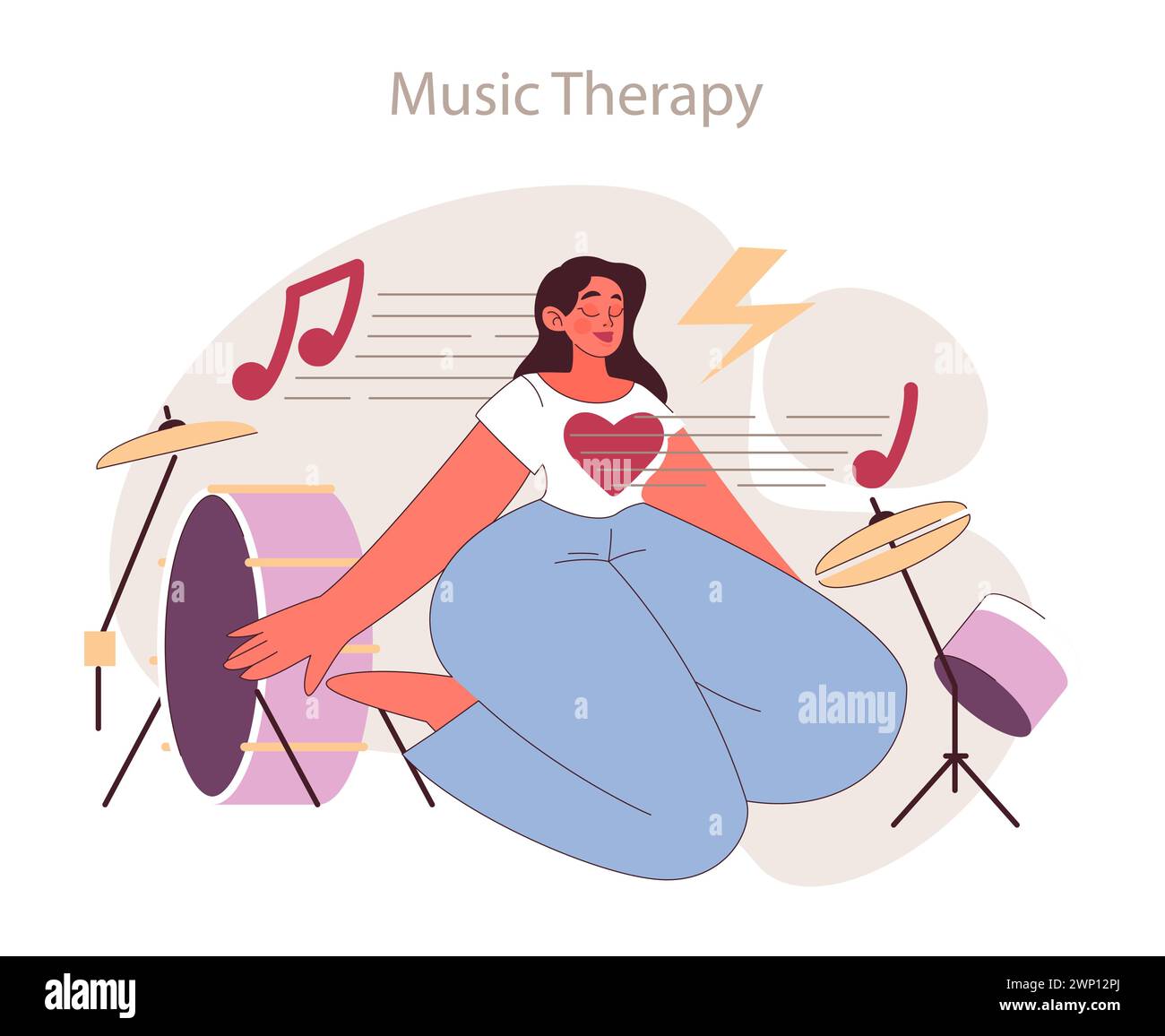 Concetto di musicoterapia. Armonizzare le emozioni con la guarigione ritmica. Suoni espressivi che favoriscono la crescita personale. Illustrazione Vettoriale