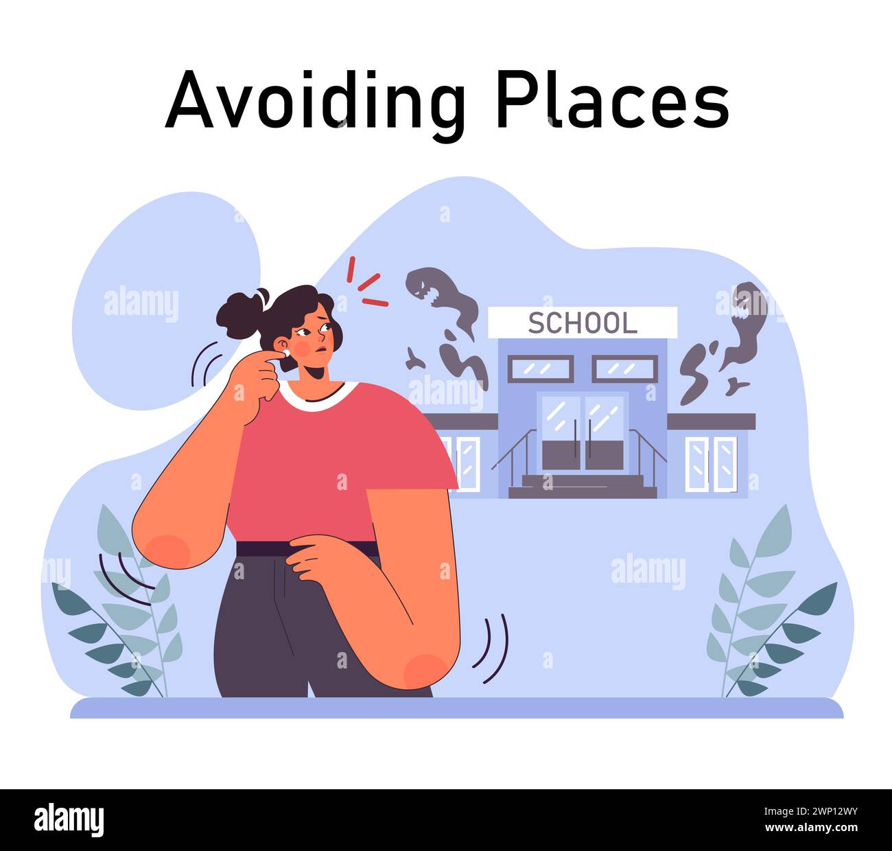 Disturbo da stress post traumatico. Personaggio femminile che soffre di disturbi mentali, che si occupa di disperazione, paura e dolore. Ansia e depressione. Illustrazione vettoriale piatta Illustrazione Vettoriale