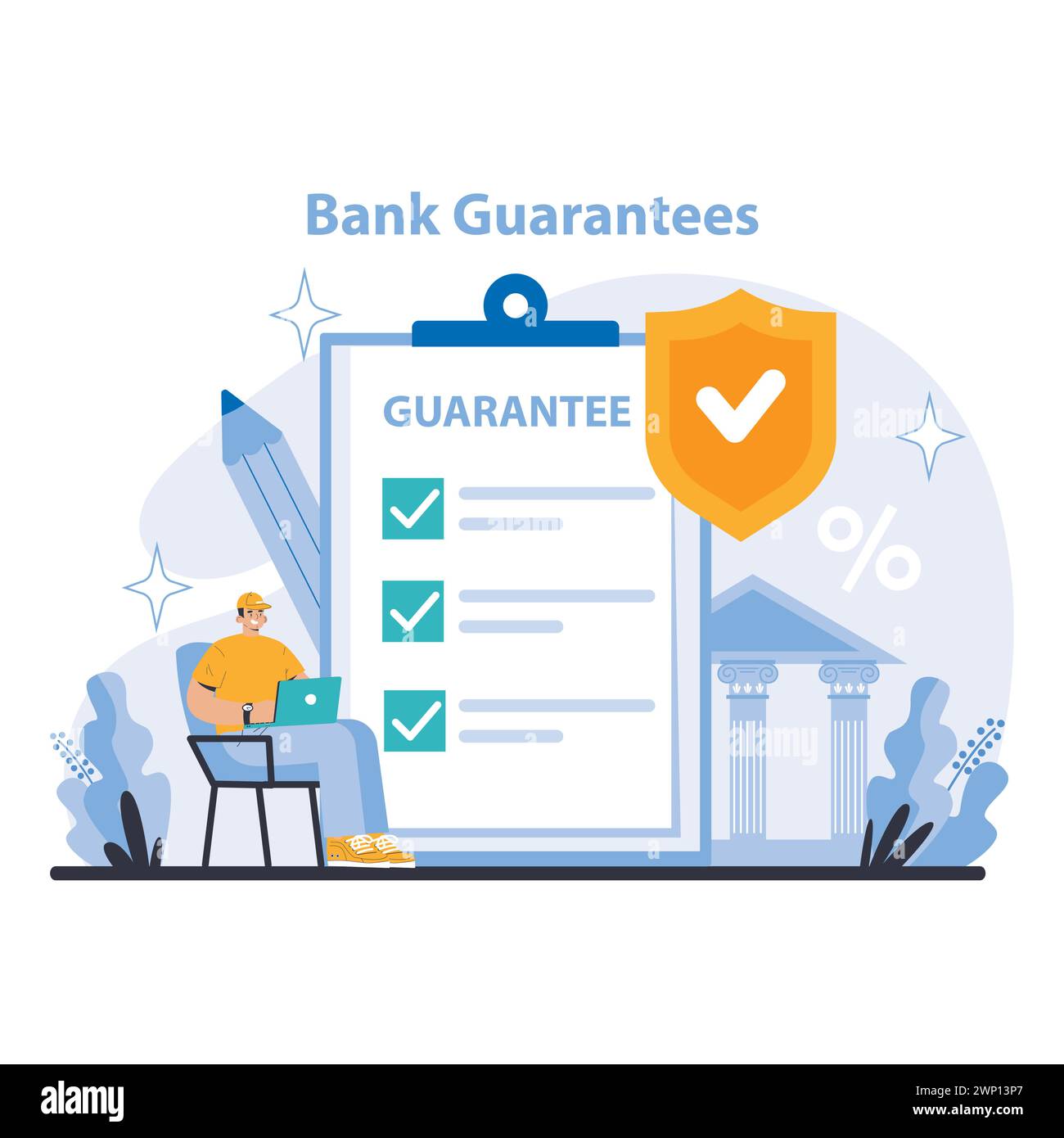 Concetto di garanzie bancarie. Garanzia solida con garanzie bancarie per impegni finanziari sicuri. Rapporti commerciali sicuri sostenuti dall'integrità bancaria. Illustrazione vettoriale piatta. Illustrazione Vettoriale