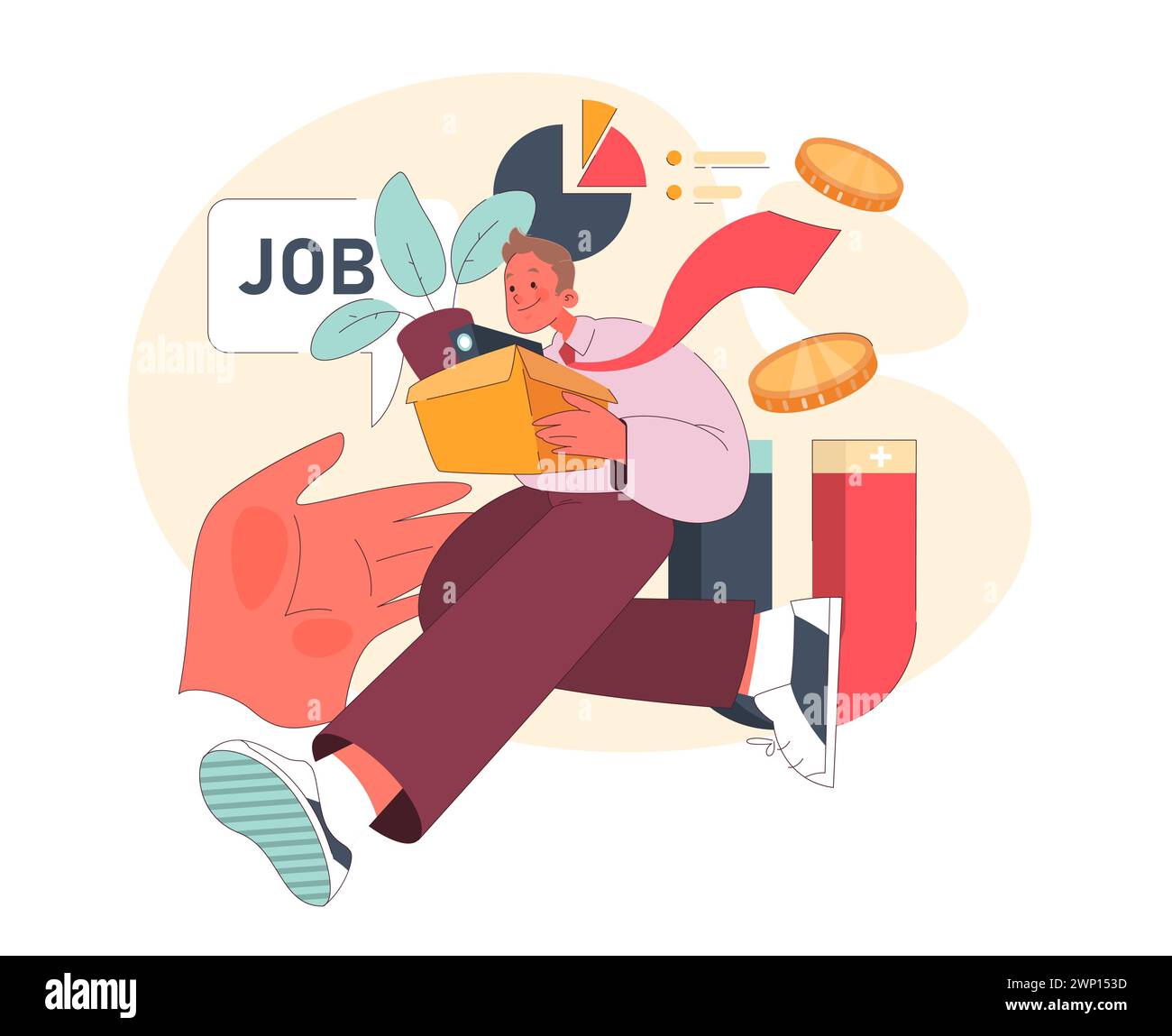 Concetto di primo lavoro. Giovane eccitato con una scatola di effetti personali, spinto da un grafico di crescita finanziaria. Imbarcati in una nuova avventura professionale. Illustrazione vettoriale piatta. Illustrazione Vettoriale