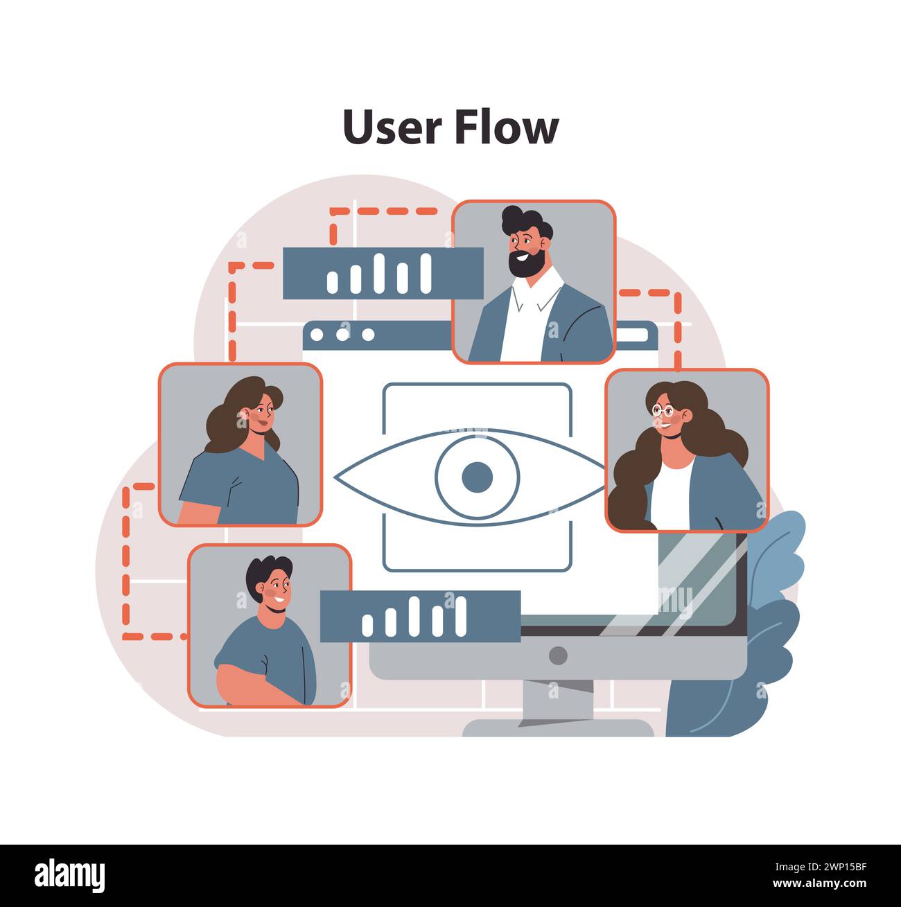 Informazioni sulla visualizzazione del flusso utente. Il team interagisce attraverso l'interfaccia digitale, evidenziando la mappatura del percorso e la navigazione sul sito Web. Progettazione dell'esperienza utente, strategia di collaborazione. Illustrazione vettoriale piatta Illustrazione Vettoriale