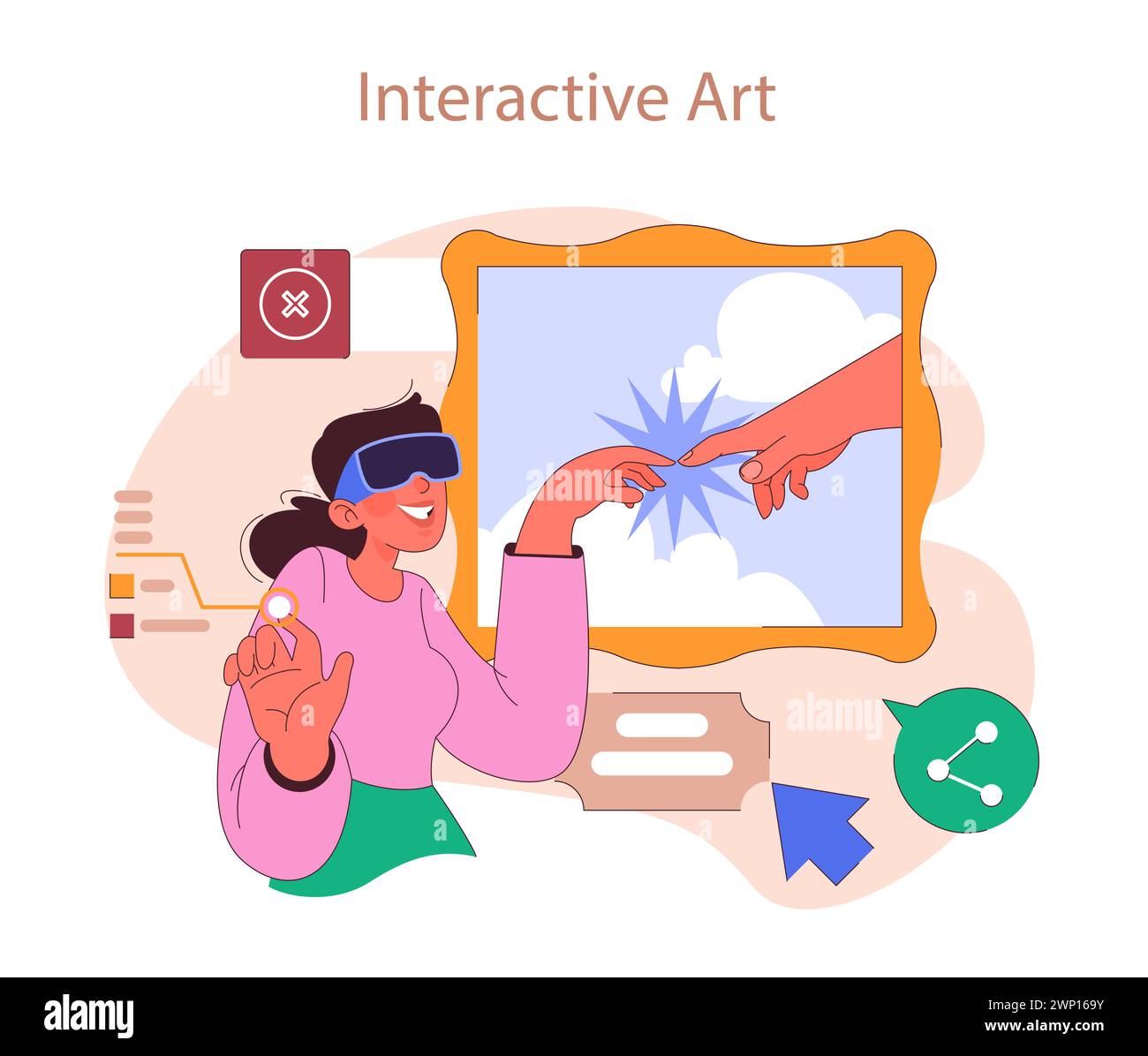 Museo o galleria d'arte. Una donna entusiasta che indossa occhiali VR interagisce con l'arte, connettendosi con la tela digitale tramite il tocco. Mostra virtuale. Illustrazione vettoriale piatta Illustrazione Vettoriale
