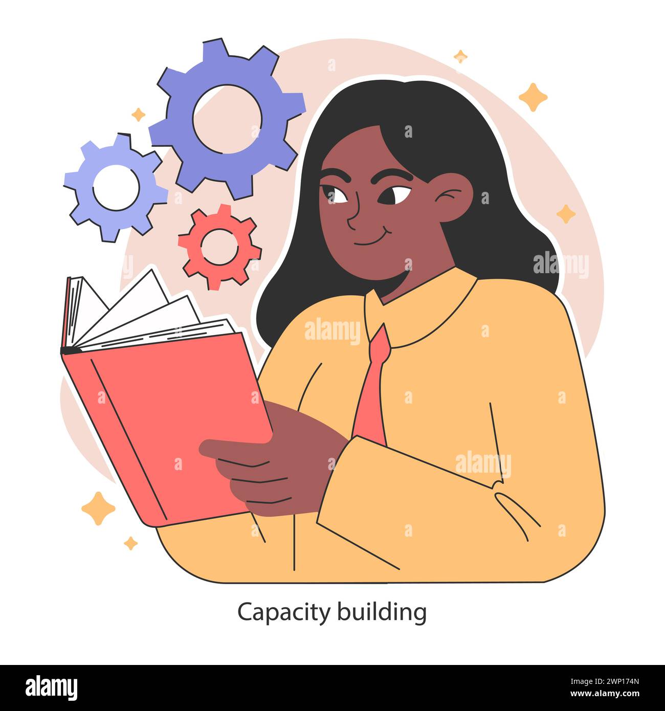 Sviluppo di capacità. Donna impegnata a leggere, ad acquisire conoscenza. Apprendimento continuo per la crescita personale. Rafforzamento delle capacità e delle qualifiche professionali. Illustrazione vettoriale piatta. Illustrazione Vettoriale