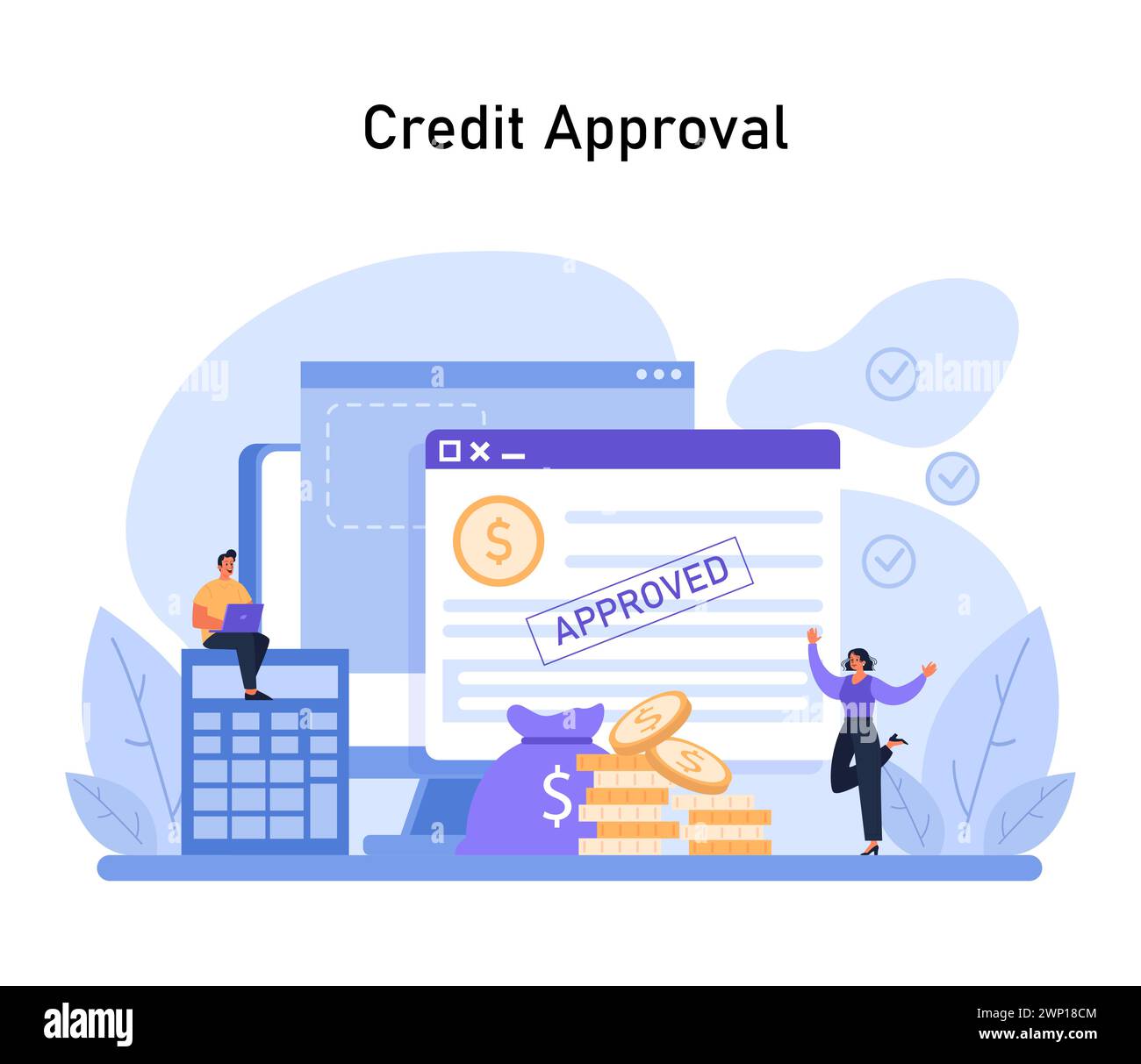 Illustrazione del processo di approvazione del credito. Il momento gioioso di ricevere l'approvazione del credito, completo di verifica controllata e simboli finanziari. Illustrazione vettoriale piatta Illustrazione Vettoriale