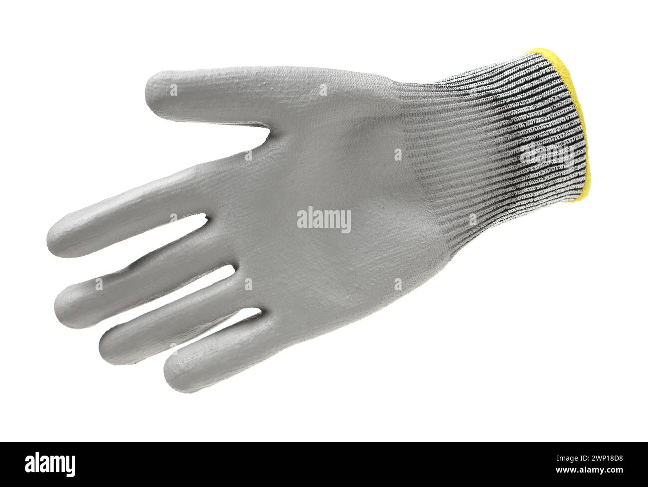 Coppia di guanti da lavoro in tessuto grigio con strato protettivo in gomma isolato su sfondo bianco con ombra morbida Foto Stock