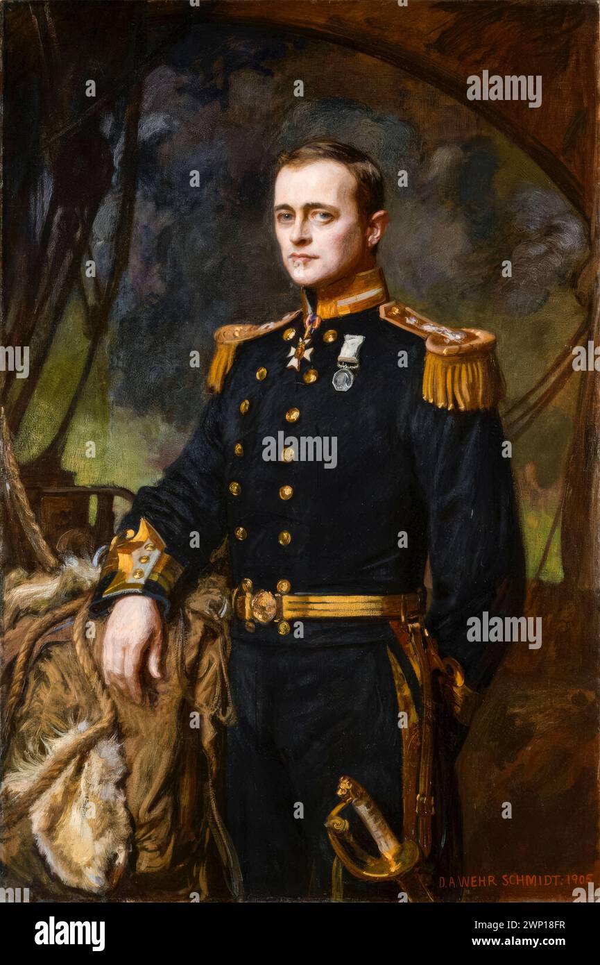 Robert Falcon Scott (1868-1912) (capitano Scott), ufficiale della Royal Navy ed esploratore britannico, ritratto in olio su tela di Daniel A Wehrschmidt, 1905 Foto Stock