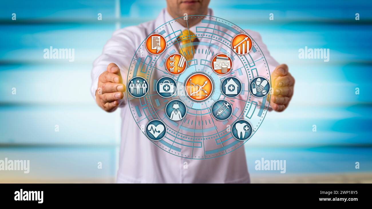 Medico medico non riconoscibile che proietta un miglioramento dei profitti e dell'efficienza grazie all'assistenza basata sul valore. Concetto di assistenza sanitaria per migliorare la curva dei costi medici Foto Stock