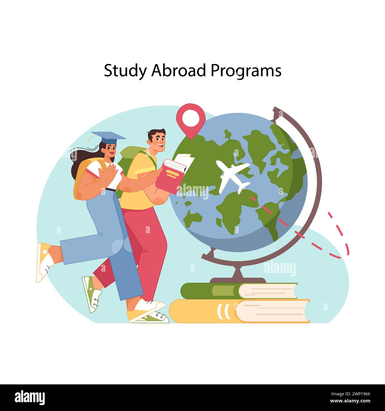Avventura di apprendimento globale. Studenti internazionali desiderosi con mappa del globo e aereo volante, simboleggiano le entusiasmanti opportunità di studiare all'estero. Possibilità di istruzione. Vettore piatto Illustrazione Vettoriale