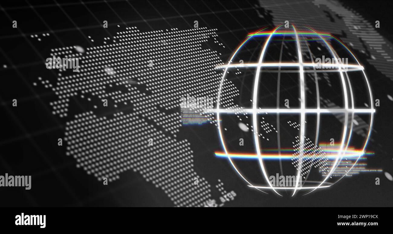 Immagine di mappa del mondo, dati, connessioni e globo su sfondo nero Foto Stock