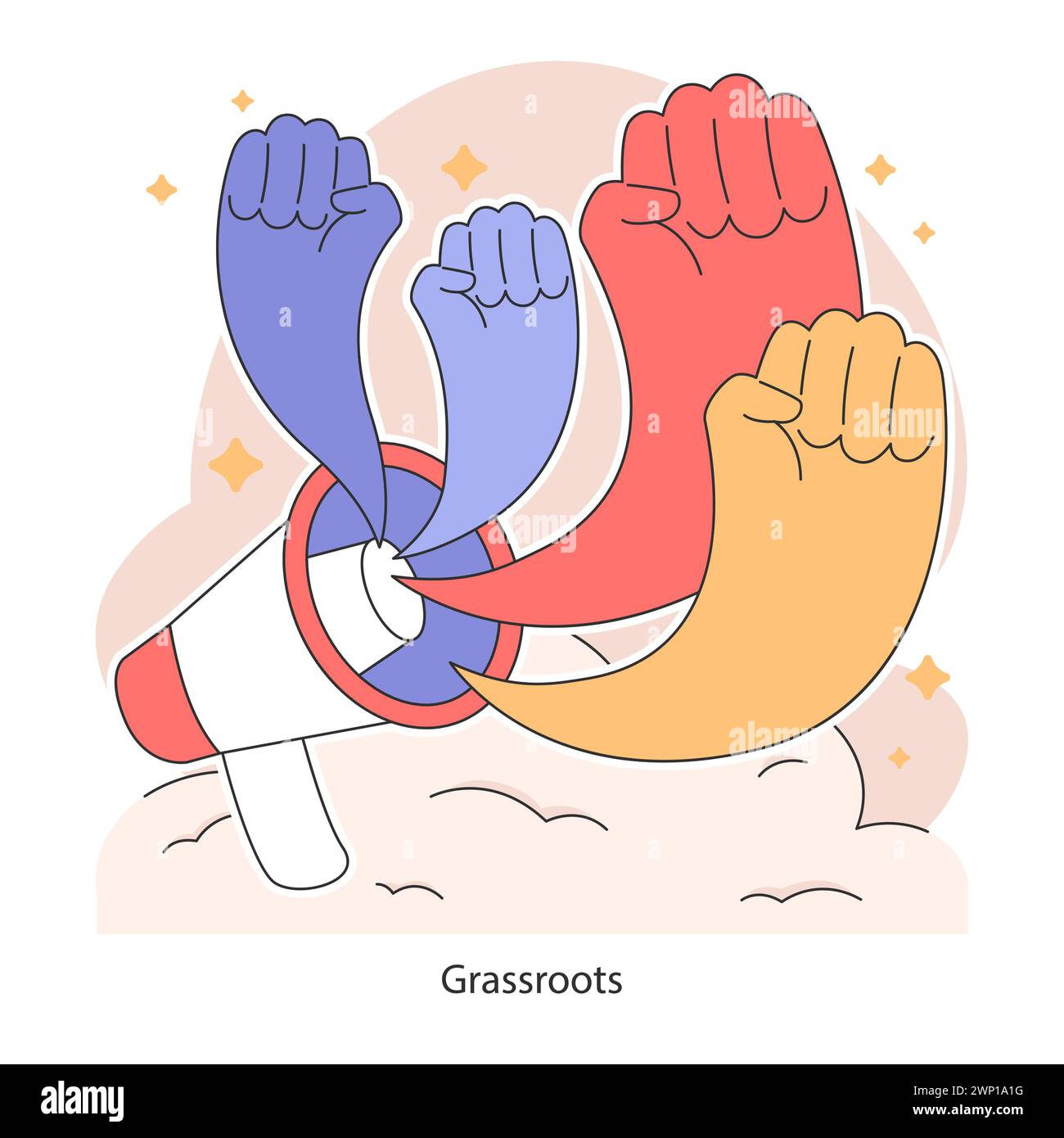 Di base. Da un megafono emergono pugni Uniti, che rappresentano la generazione di lead guidata dalla comunità e l'azione collettiva. Unità in un lavoro di squadra. Illustrazione vettoriale piatta. Illustrazione Vettoriale