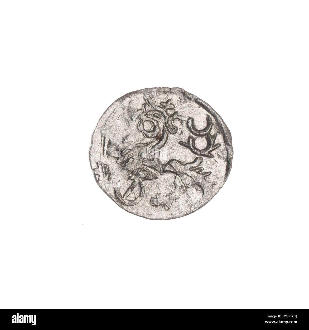 Raffigura monete del 1419-1437 sotto l'imperatore Zygmunt Lussemburgo, raffiguranti San Giovanni, il leone ceco, e monete della città relative a Wrocław. Foto Stock