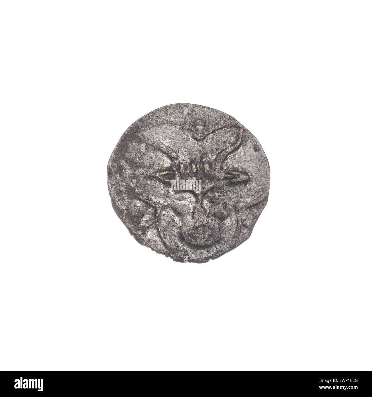 Una moneta Heller del XV secolo con lo stemma di Wołów, la testa di bue, l'aquila slesiana e lo scudo usato nella coniazione della città. Foto Stock