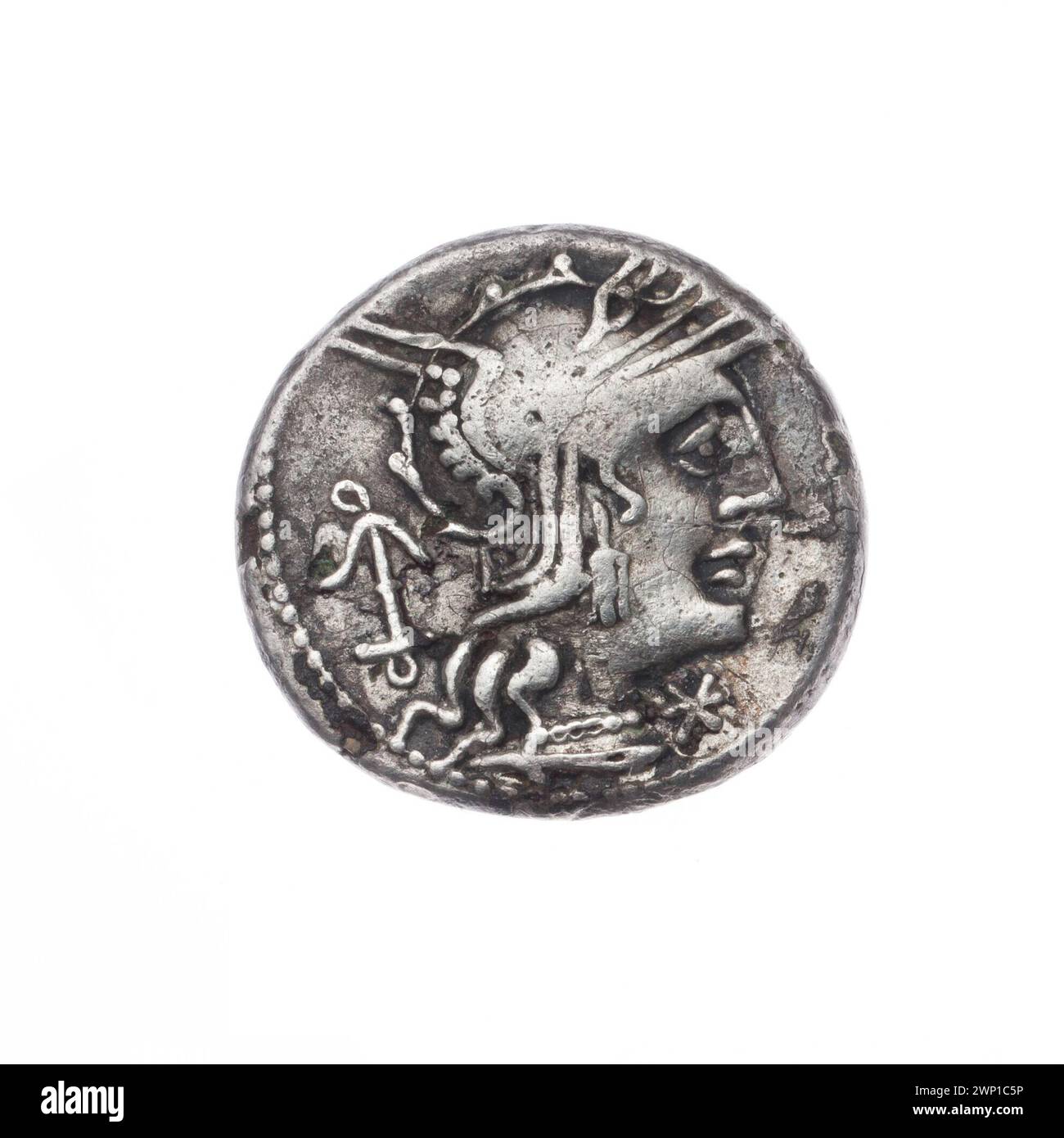 Denario placcato di Giulio Cesare, 129 a.C., con Cupido, Venere, Roma, un carro, elmetti, cavalli e ancore, che documentano la provenienza numismatica e l'iconografia classica. Foto Stock