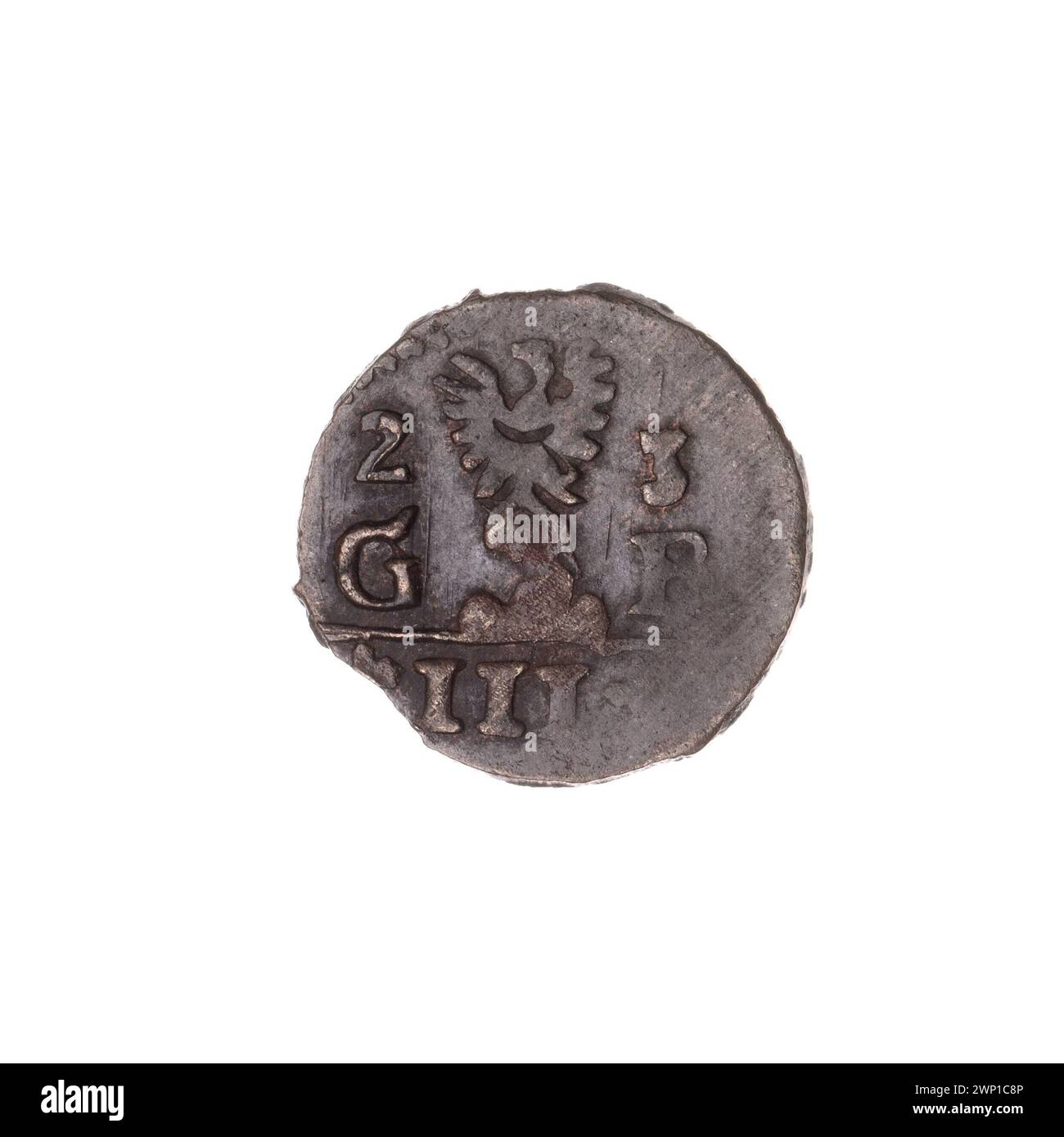 Una moneta Haler da 1623 3 di Złotoryja con l'Aquila della Slesia, le lettere G-B e il disegno di una moneta da città su un solo lato. Foto Stock