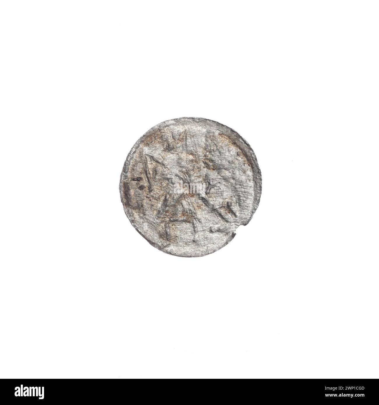 Denario d'argento di Bolesław III Krzywousty (1107-1138) che illustra cavalieri romanici, draghi, croci, lance e simboli allegorici che rappresentano la lotta tra il bene e il male, conservati nella collezione Jastrzębowski. Foto Stock