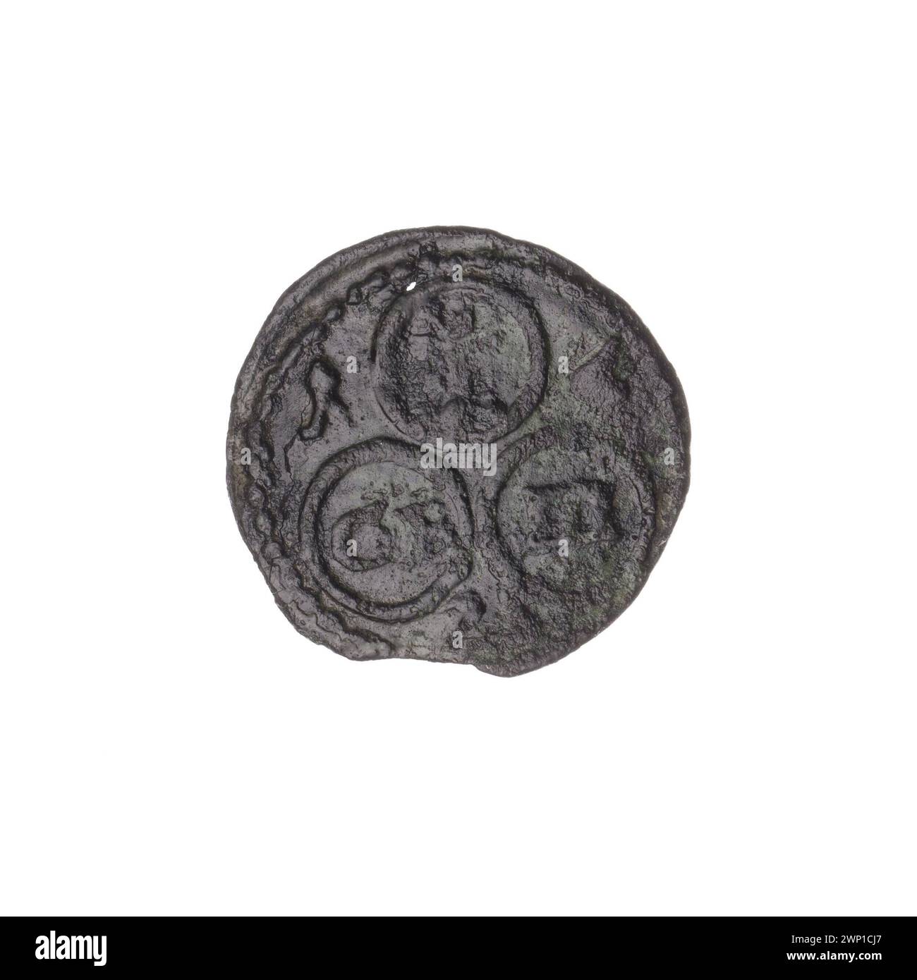 Una moneta Haler da 1623 3 di Złotoryja che mostra le lettere G-B, l'iconografia dell'Aquila slesiana e il disegno di una moneta da città su un solo lato. Foto Stock