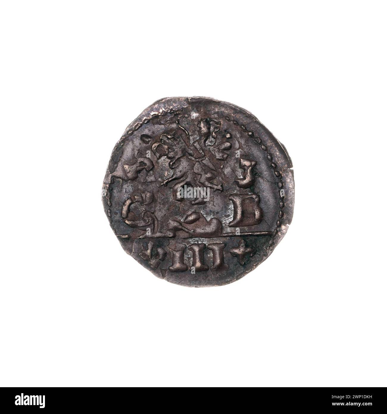 Una moneta Haler da 1623 3 di Złotoryja con l'Aquila della Slesia, segni a croce, lettere G-B e un disegno a una faccia della città. Foto Stock