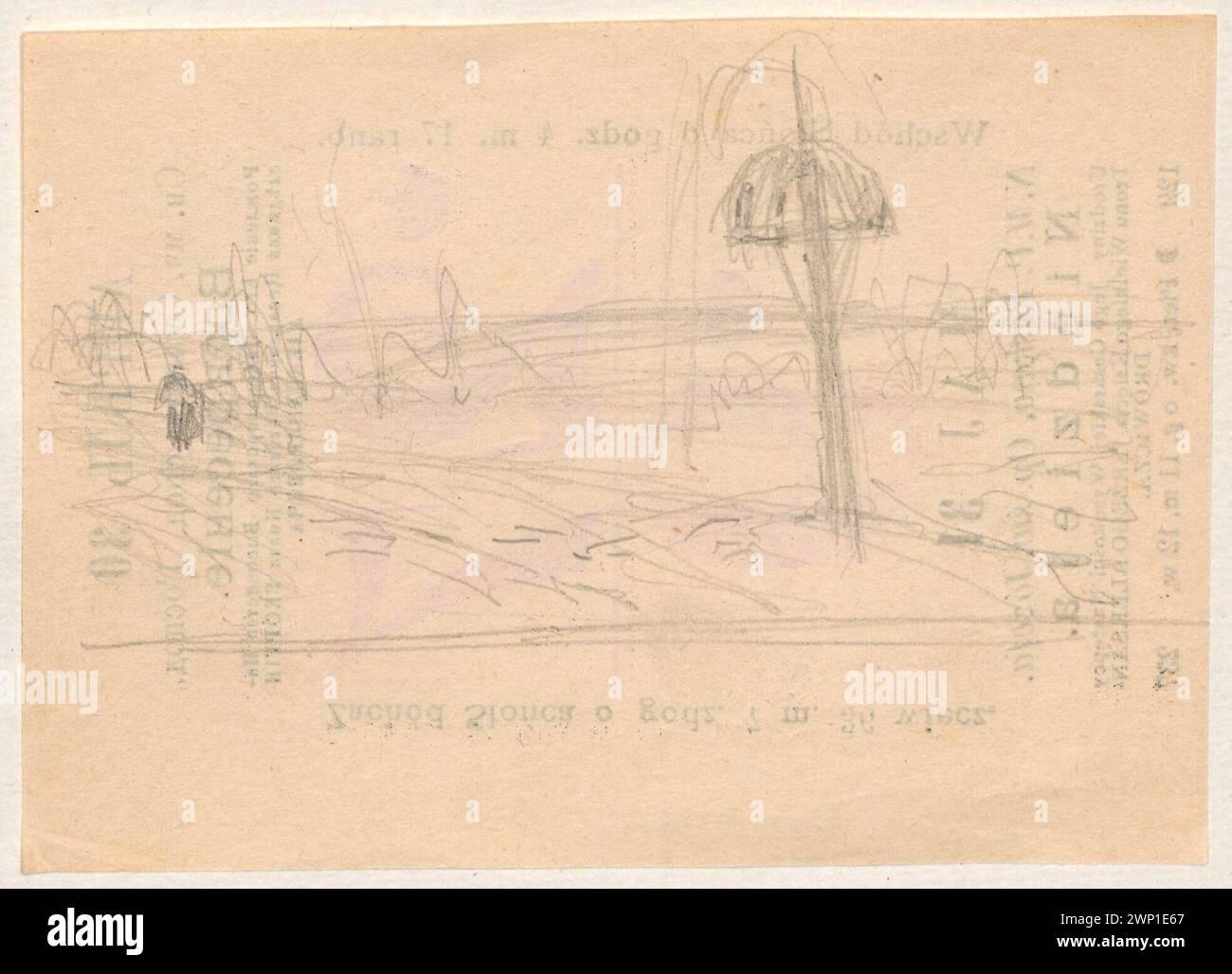 Schizzo di paesaggio sul retro dei fogli di calendario di Ferdynand Ruszczyc, intorno al 1896, che mostra croci e figure a lato della strada, associati al Granduca Jerzy Aleksandrowicz Romanow. Foto Stock