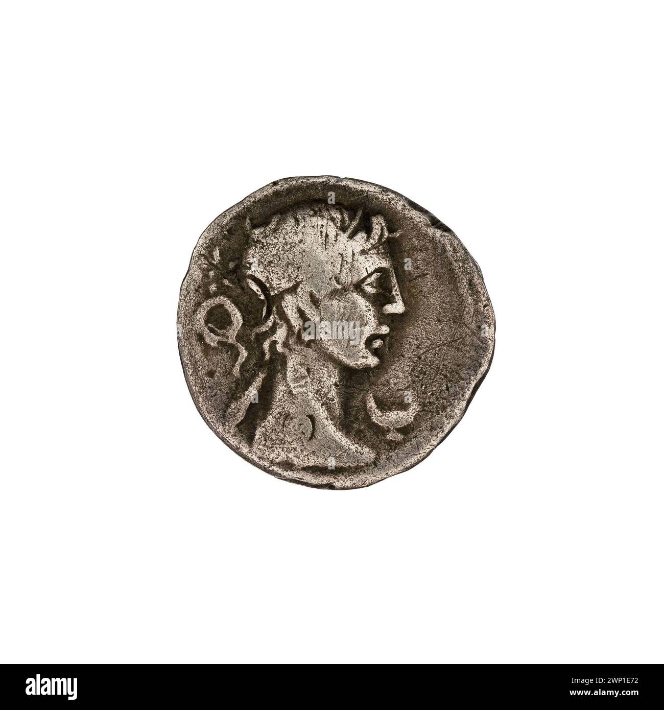 Questo denario del 61 a.C. di M. Pupius Pisone presenta mercurio, tra cui un busto, tiara, coltelli, piatti, vasi e corone, con provenienza dalla collezione di Bronisław Sabat. Foto Stock