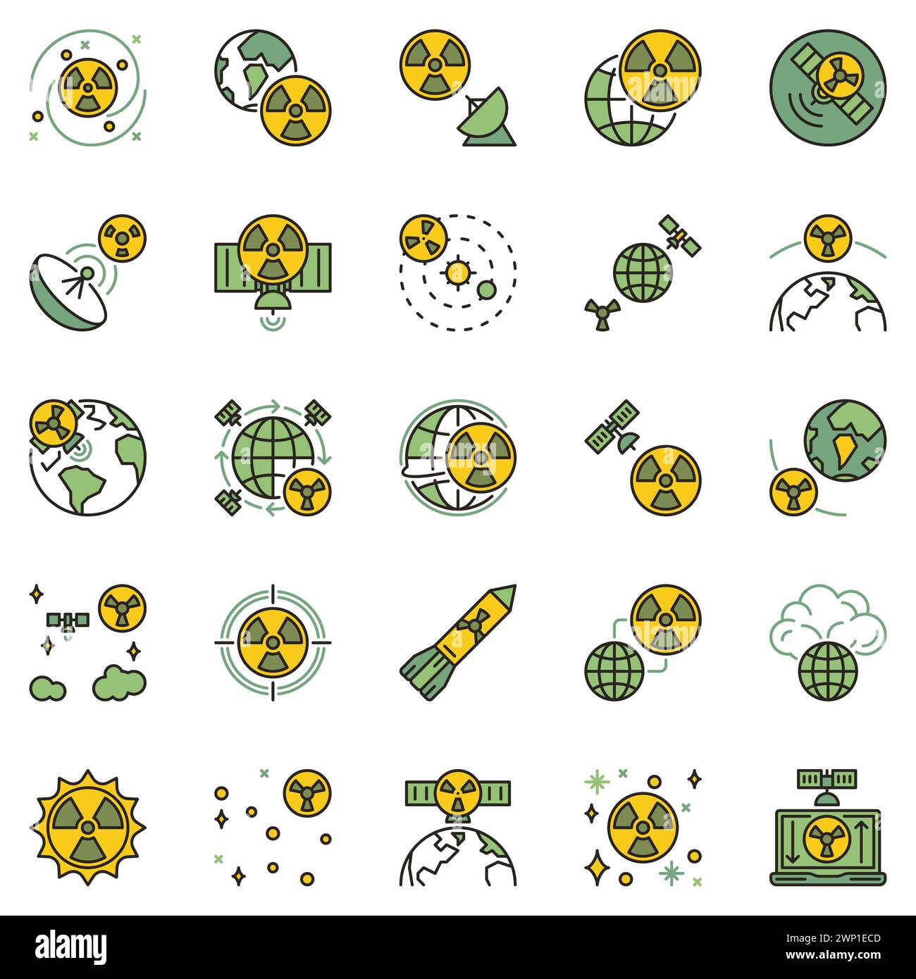 Set di icone colorate Nuclear Weapons in Space Concept. Bomba nucleare, bombe spaziali, radiazioni e sistemi satellitari creano la collezione di segni vettoriali Illustrazione Vettoriale