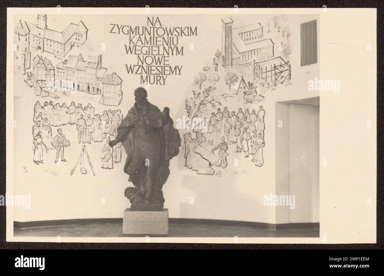 Museo nazionale di Varsavia. Mostra 'Warsaw Oskar', 3 maggio 1945-28 e 1946. Sala del BOS - distrutta dal re Zygmunt III Vasa - senza spada e croce - dalla colonna di Zygmunt dalla Piazza del Castello (POS nel museo fino al 1949, quando - dopo la ristrutturazione - fu rimessa in sesto sulla città precedente); sullo sfondo, i dipinti di Wojciech Zamecznik, raffiguranti l'esistenza di una pietra a Varsavia, a Varsavia 1945 (1945-00-00-1945-00-00);Museo Nazionale di Varsavia, Varsavia (Voivodato della Masovia), Varsavia accusando (Varsavia - mostra - 1945), Zamecznik, Wojciech, architettura, architec polacco Foto Stock