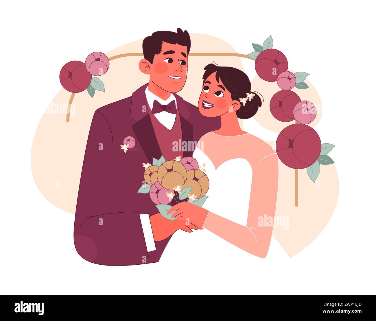 Concetto di cerimonia nuziale. Una sposa e uno sposo radiosi si avvicinano, avvolti da decorazioni floreali, mentre stringe un bouquet vivace. Momenti d'amore. Beatitudine nuziale. Illustrazione vettoriale piatta. Illustrazione Vettoriale