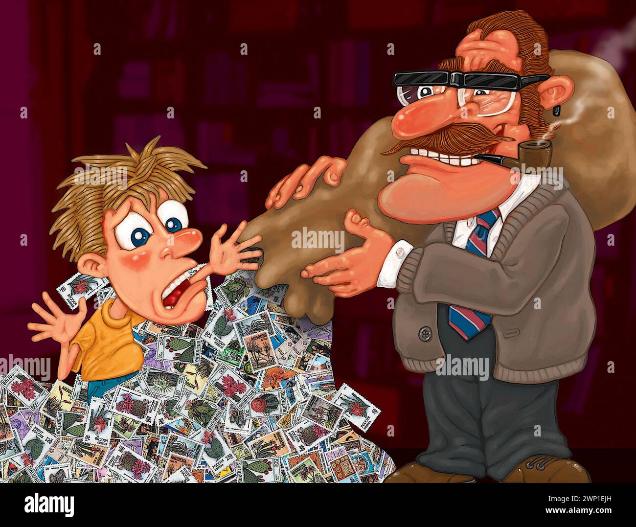 Arte dei cartoni animati, raccolta di francobolli, filatelia, giovane collezionista che aveva francobolli versati su di lui da un grande sacco di posta, illustrando i kiloware d'affari Foto Stock