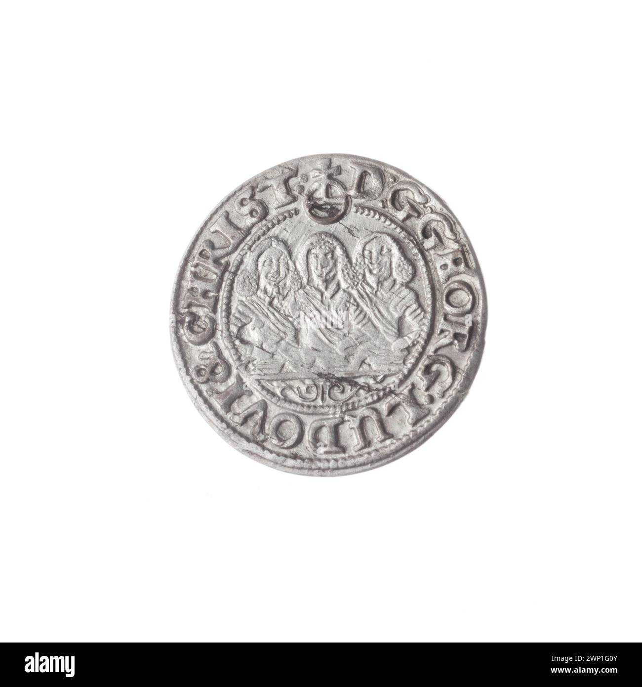 Moneta d'argento del 1653 raffigurante i principi Jerzy III, Ludwik IV e Cristiano con aquile slesiane e ritratti a semi-profilo, che rappresentano il lignaggio della famiglia Piast. Foto Stock