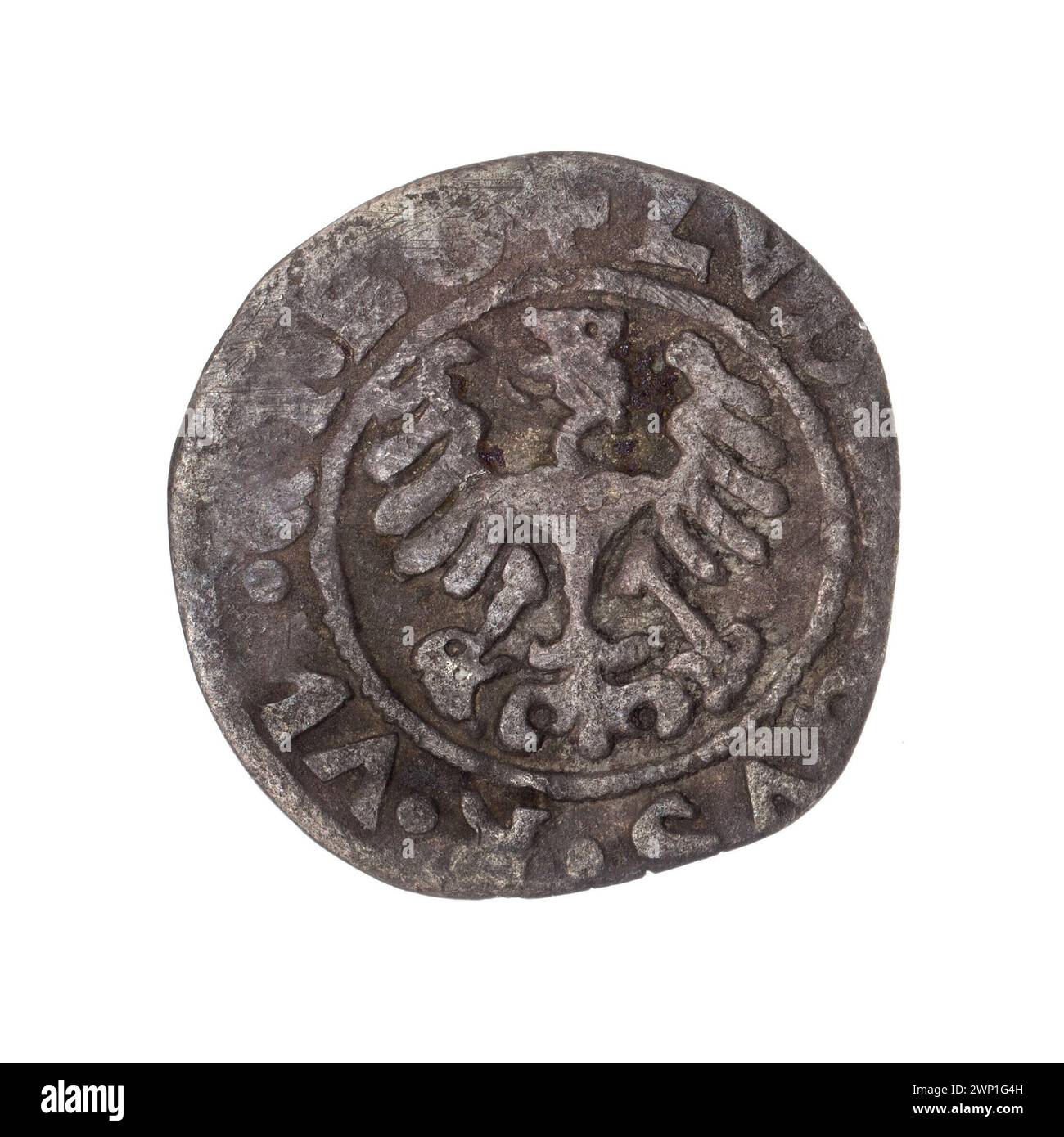 Una moneta municipale del 1526 raffigurante il re ceco Ludwik Jagiello Czyk e realizzata da W Gierski, Sauerman von der Göltsch, Konrad e Heinrich Witte. Include corone, monete cittadine e aquila nel disegno della corona. Foto Stock