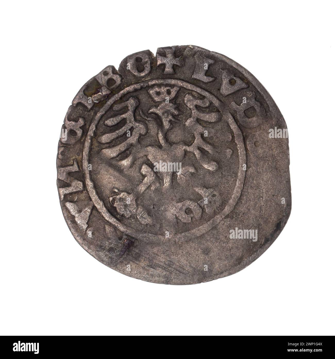 Una moneta del 1526 associata al re ceco Ludwik Jagiello Czyk, che mostra corone, monete cittadine e aquila nell'immagine della corona, creata da W Gierski, Sauerman von der Göltsch, Konrad e Heinrich Witte. Foto Stock