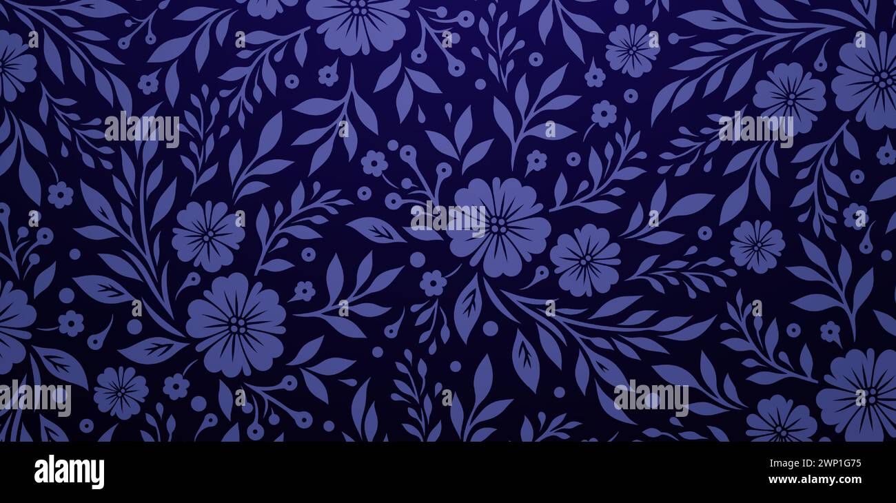 Motivi floreali senza cuciture con fiori blu su uno sfondo blu scuro per carta da parati o tessuti moderni alla moda, copertine di libri e interfacce digitali Illustrazione Vettoriale