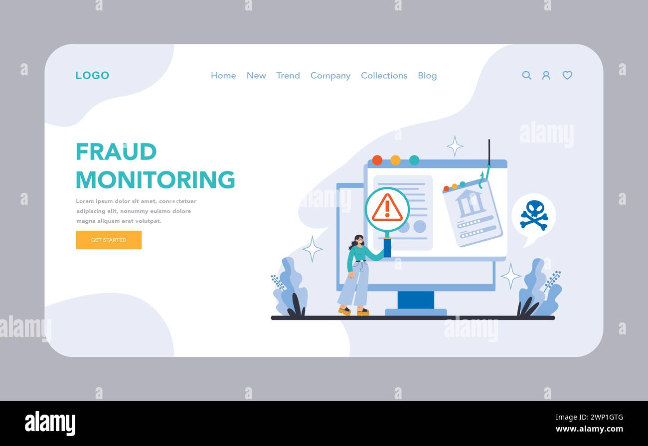 Web o landing page per il monitoraggio delle frodi. Protezione avanzata contro la criminalità finanziaria con sorveglianza delle frodi in tempo reale. Mantenere i conti sicuri e affidabili. Illustrazione vettoriale piatta. Illustrazione Vettoriale