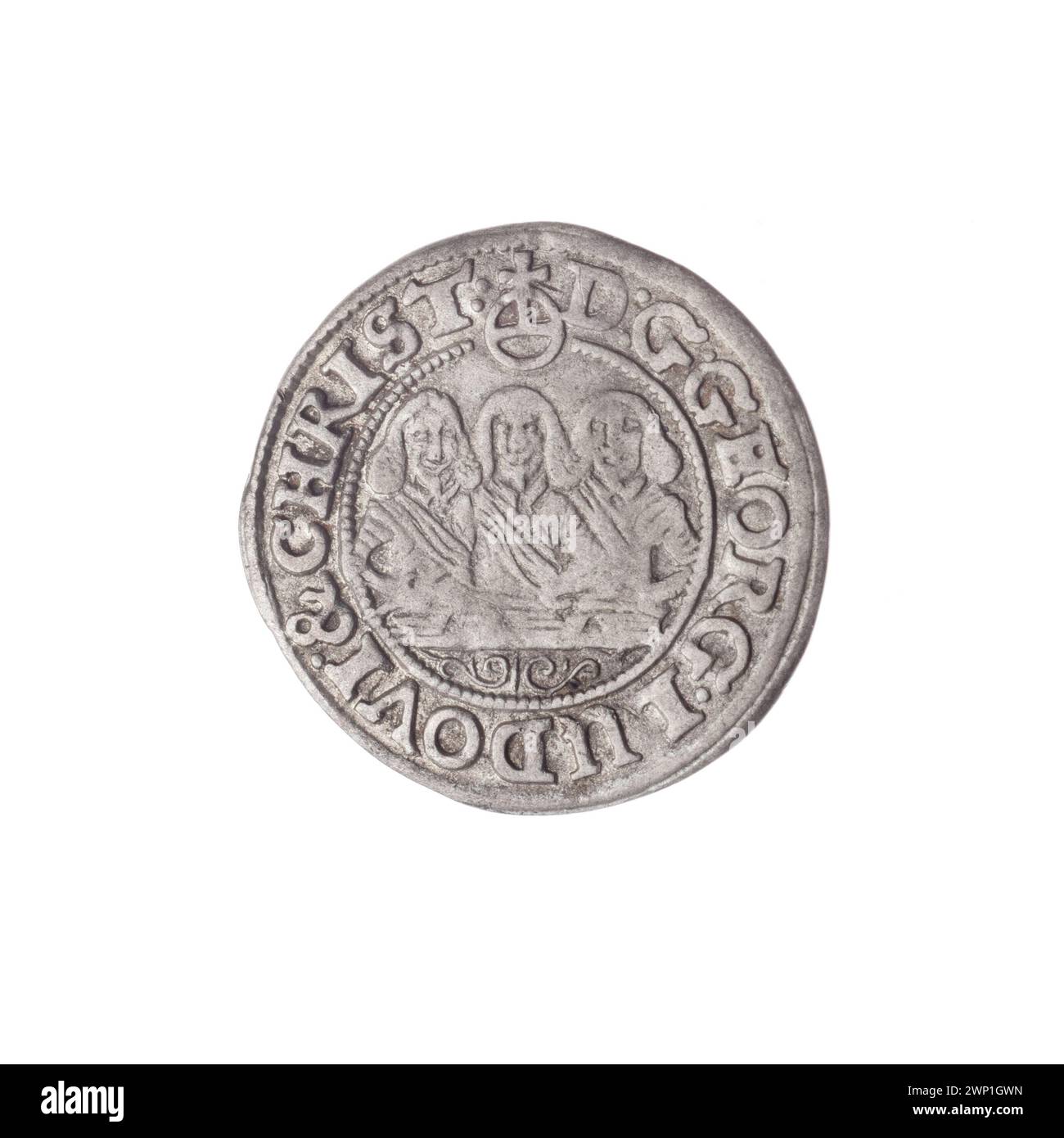 Moneta d'argento (krajcar) del 1653 con i principi Jerzy III, Ludwik IV e Cristiano della famiglia Piast, che mostra ritratti, simboli dell'aquila slesiana e raffigurazioni semi-profilo dei tre fratelli. Foto Stock