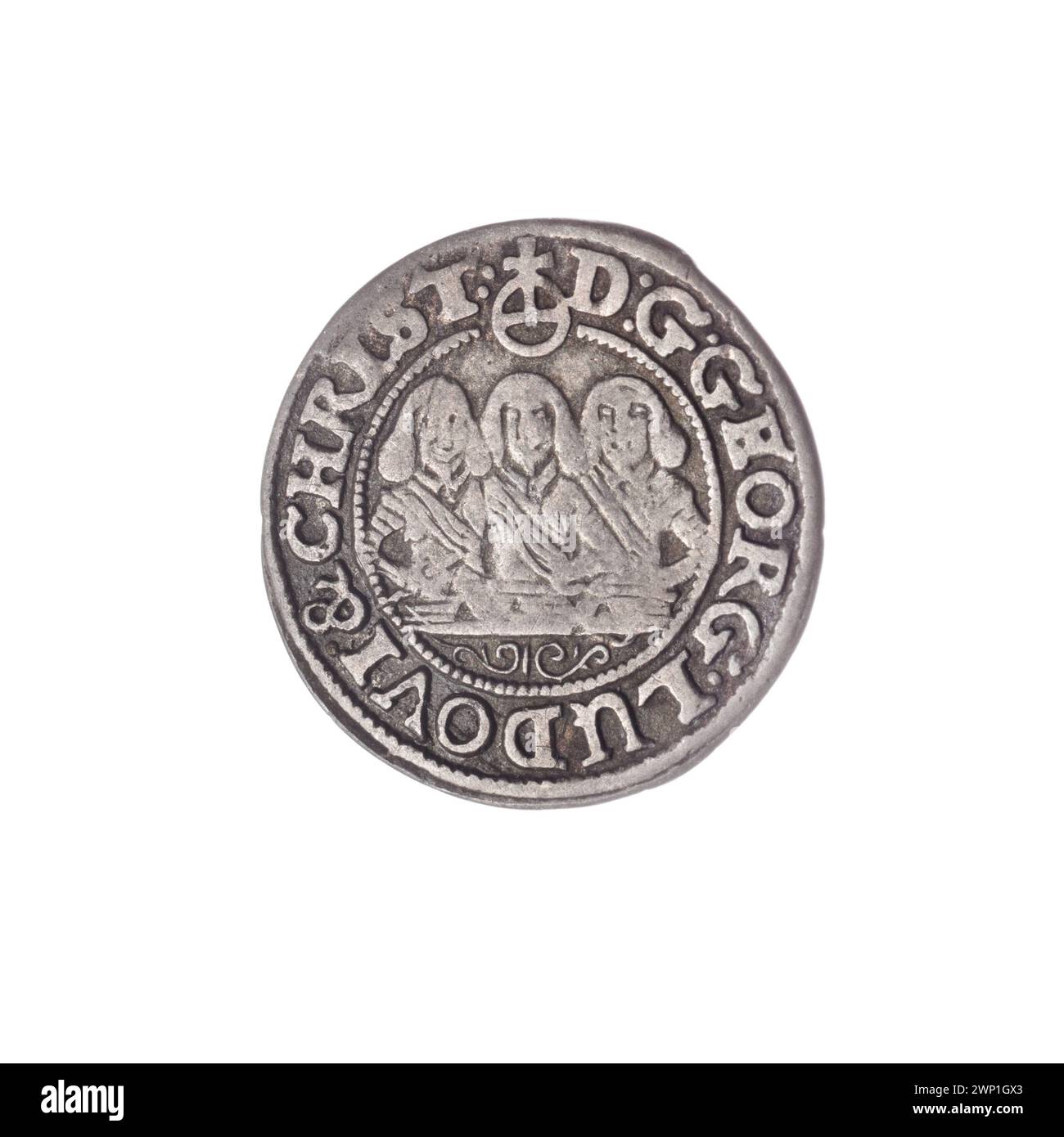 Moneta d'argento (krajcar) del 1653 che mostra i principi Jerzy III, Ludwik IV e Cristiano, tra cui aquile slesiane e ritratti semi-profilo dei membri della famiglia Piast. Foto Stock