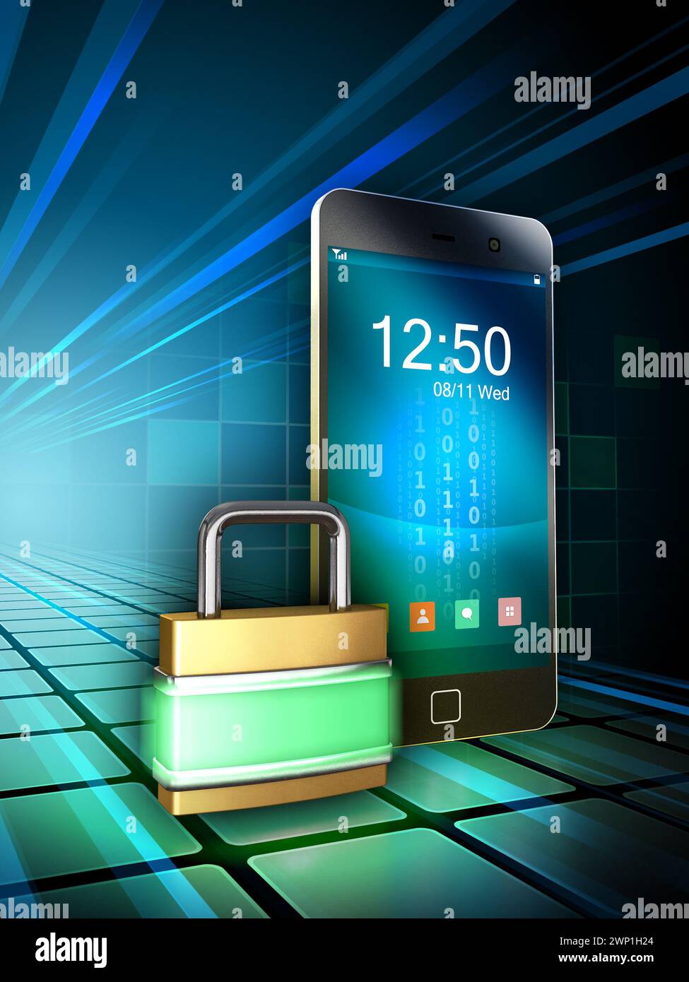 Smartphone protetto da un lucchetto luminoso. Illustrazione 3D. Foto Stock