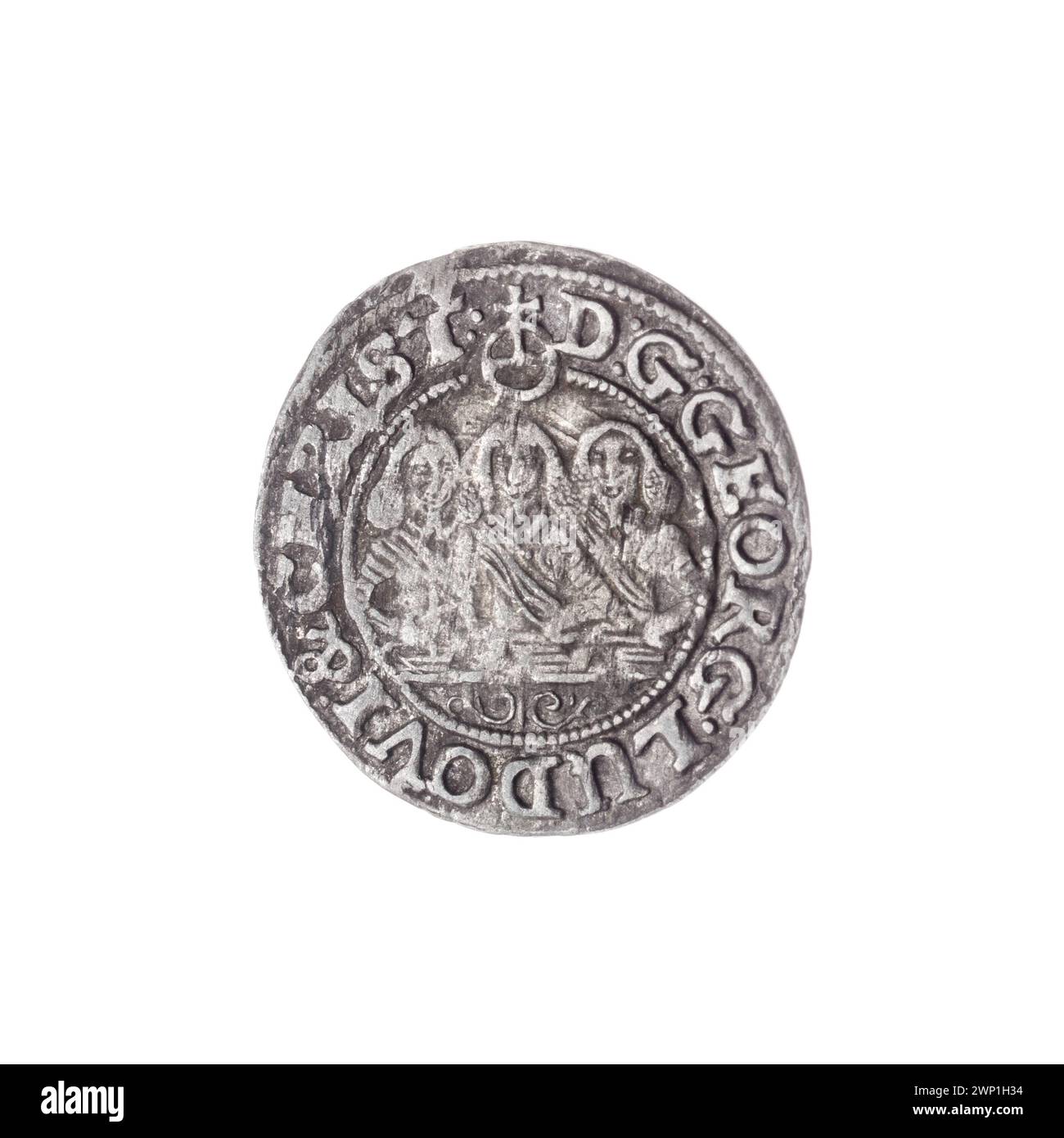 Moneta d'argento del 1653 raffigurante i principi Jerzy III, Ludwik IV e Christian, raffigurante aquile slesiane, ritratti semi-profilo, e l'iconografia della famiglia Piast. Foto Stock