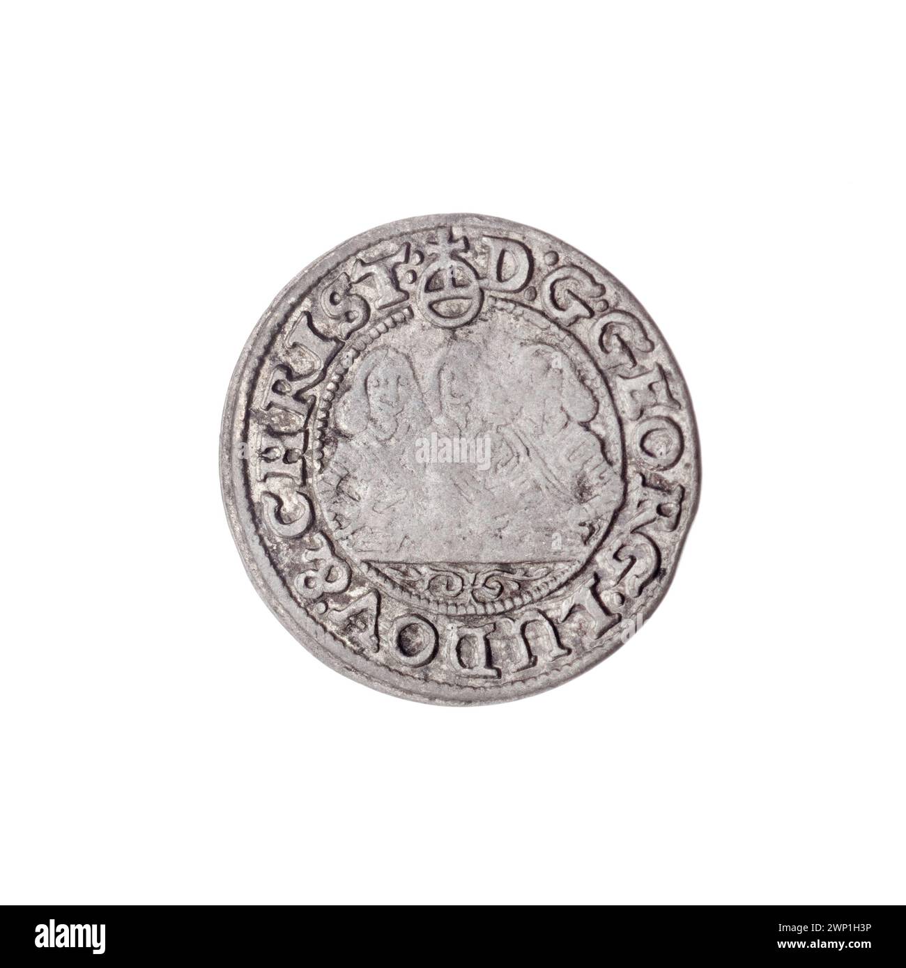 Moneta d'argento del 1653 raffigurante i principi Jerzy III, Ludwik IV e Cristiano, con ritratti semi-profilo e aquile slesiane della dinastia Piast. Foto Stock