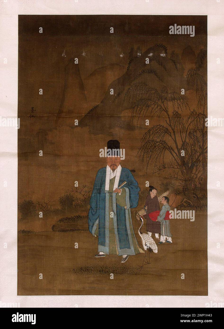 Pittura a scorrimento verticale cinese raffigurante il poeta Lin Bu (967-1029) con due sigilli, dipinta con tecnica di pittura a bobina, XVIII-XIX secolo, parte della collezione d'arte cinese con provenienza. Foto Stock