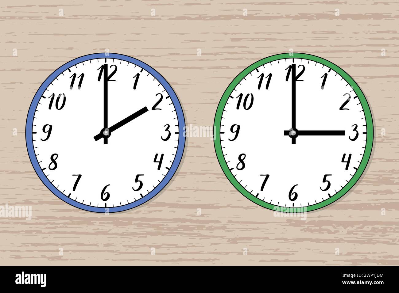Immagine di due orologi da parete su legno. Quello blu simboleggia l'inverno, quello verde l'estate. Simbolo del cambio orario. Transizione del tempo. Illustrazione Vettoriale