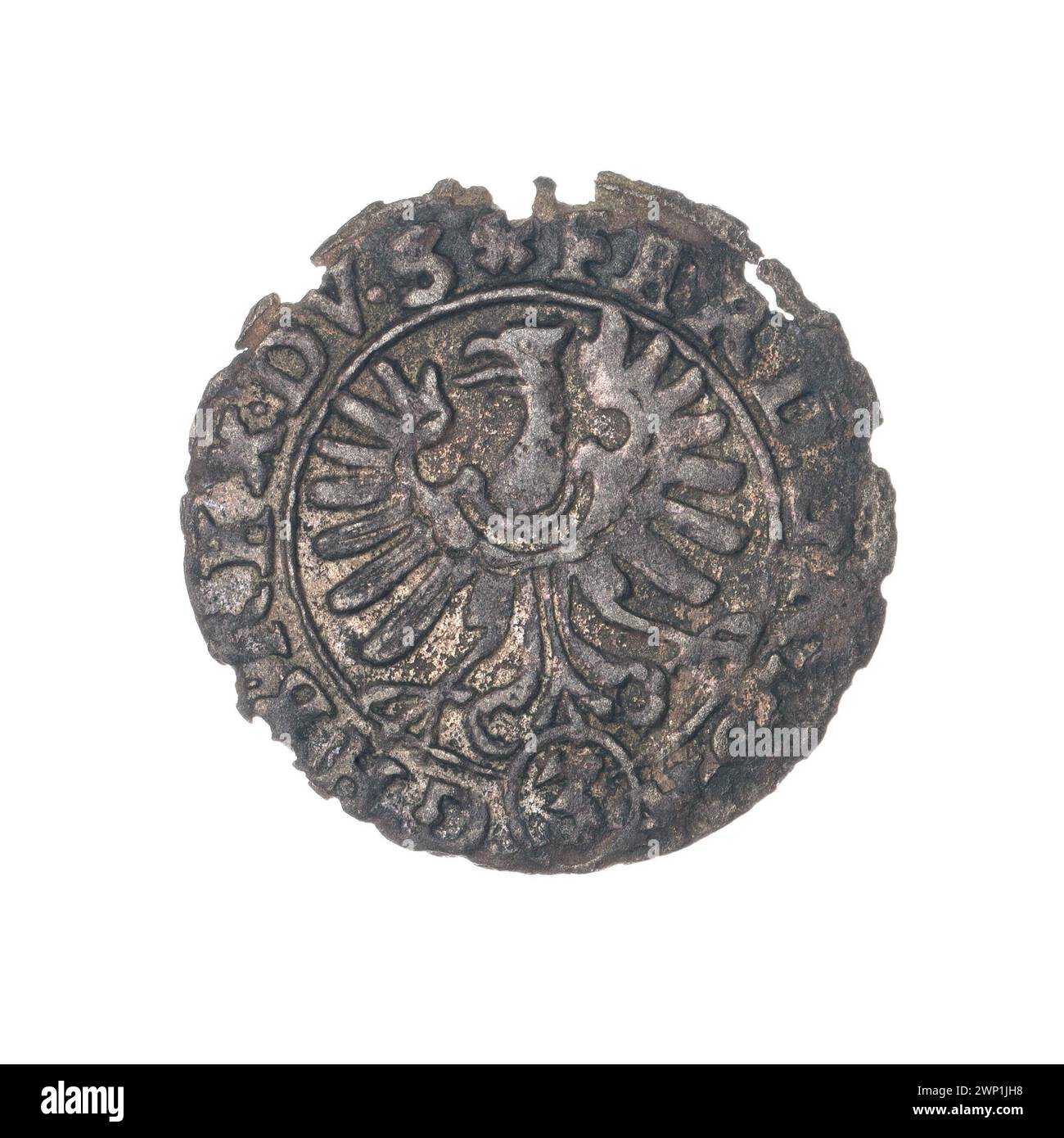 1622 3 Krajcary moneta con scudo araldico urbano di Wrocław con campo cardiaco, aquila slesiana, lettere HR e caratteristiche della moneta cittadina. Foto Stock