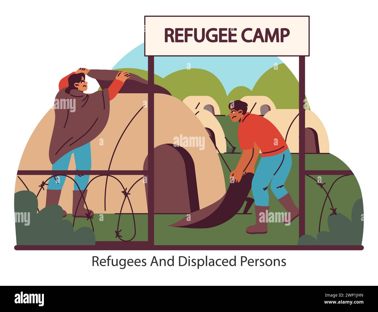 Scena di crisi umanitaria. Gli individui in un campo profughi cercano rifugio e sicurezza. La dura realtà dello sfollamento e della ricerca di rifugio. Illustrazione vettoriale piatta. Illustrazione Vettoriale