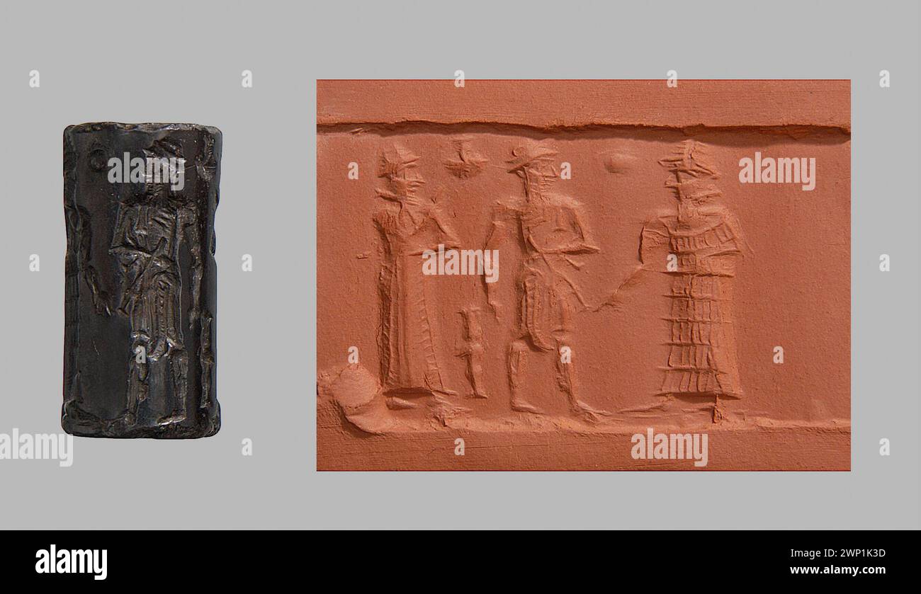 Sigillo cilindrico del periodo antico babilonese (XVIII secolo a.C.) con divinità, il dio del sole Shamash, iconografia con bastone di palla, abiti Kaunakes e scene di presentazione. Precedentemente raccolti da Maria Ludwika Czartoryska e Izabela Działyńska, originari della Mesopotamia. Foto Stock