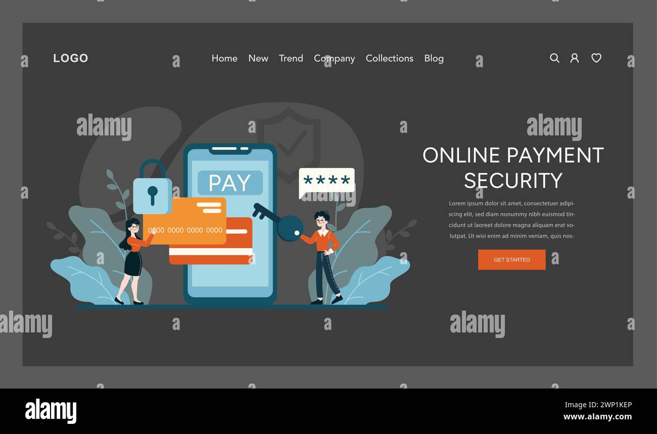 Concetto di sicurezza dei pagamenti online. Illustra solide misure di protezione informatica durante le transazioni finanziarie per garantire la fiducia dei clienti. Illustrazione vettoriale piatta Illustrazione Vettoriale