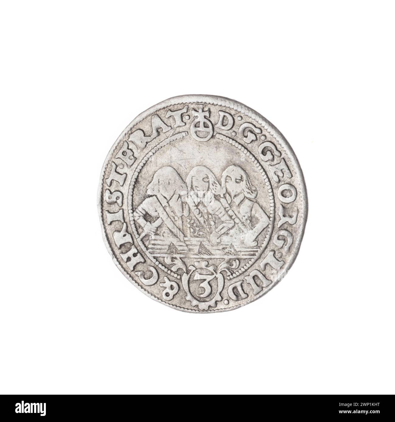 Moneta raffigurante Jerzy III (Principe di Brzeg-Legnica-Wołów, 1611-1664), Ludwik IV (Principe di Legnica, 1616-1663), e Cristiano (Principe di Brzeg-Legnica-Wołów, 1618-1672), che mostra i loro ritratti, araldica di famiglia e iconografia dell'aquila slesiana, coniata nel 1656. Foto Stock